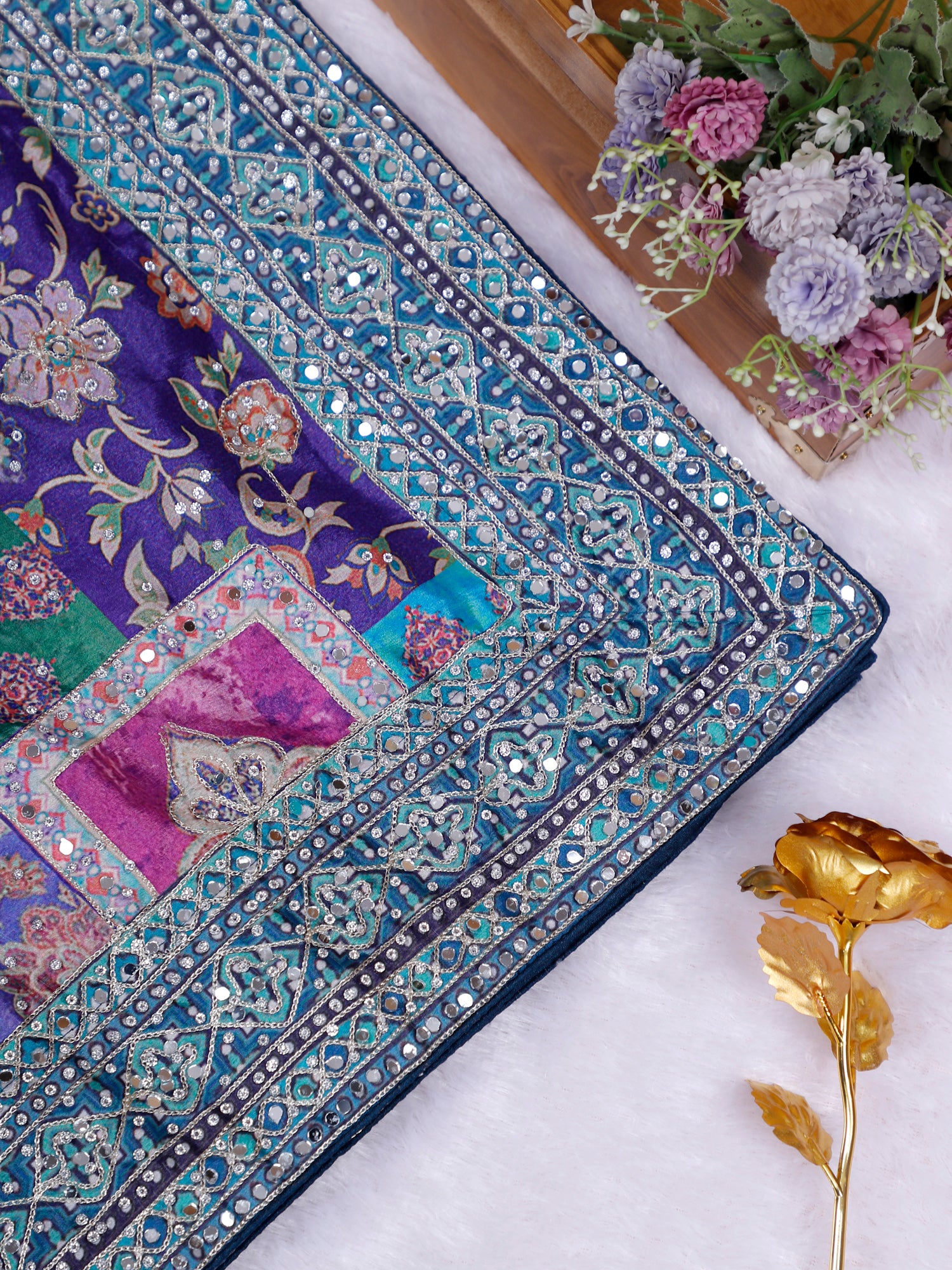 Blue Aaina Royale Crepe-Silk Saree with Mirror Diamond Embellishment