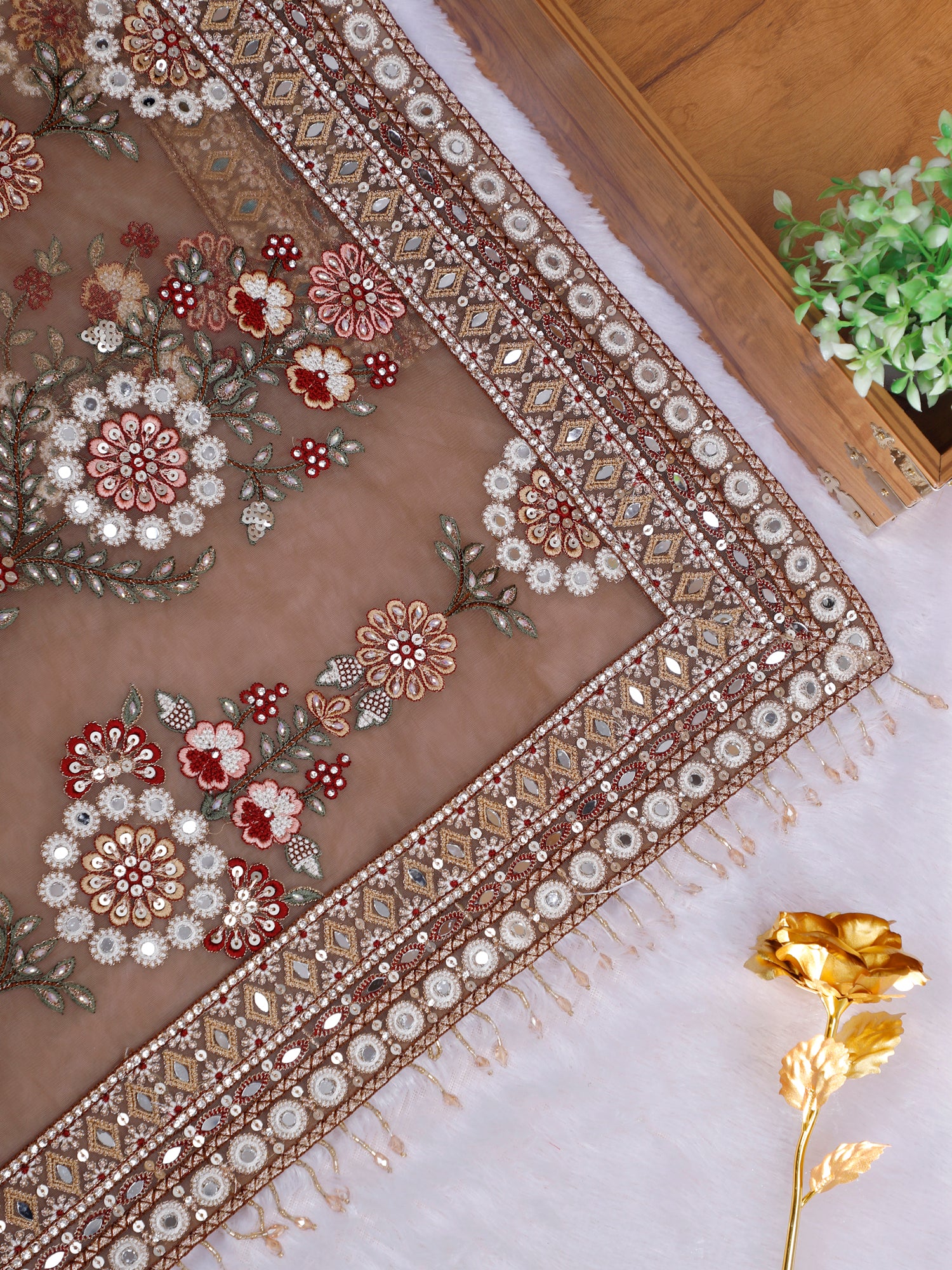 Regal Mocha Noor Mirror-Diamond Net Saree