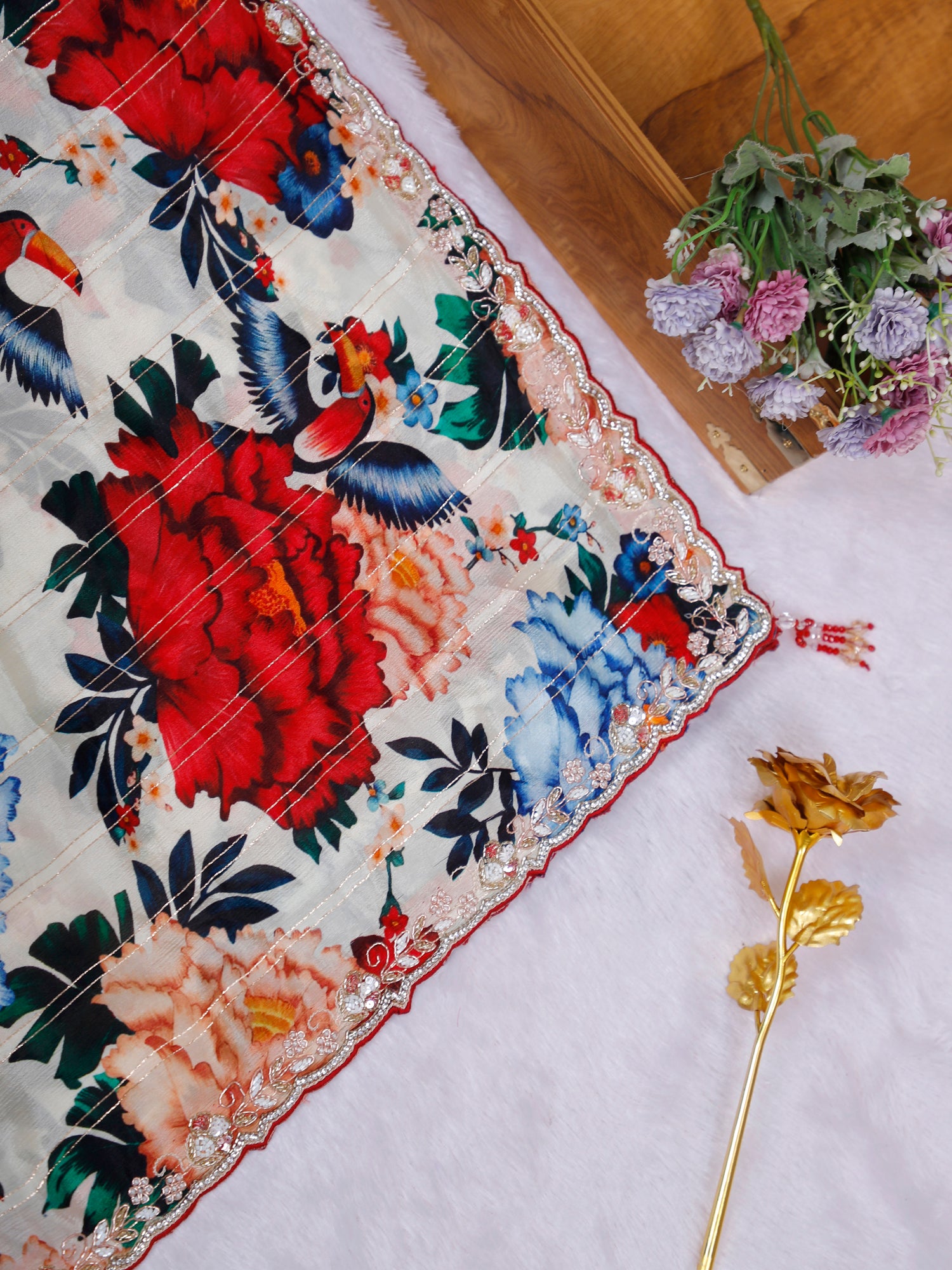 Satrangi Noor Multi Chinon Saree with Zardosi Moti Embroidery