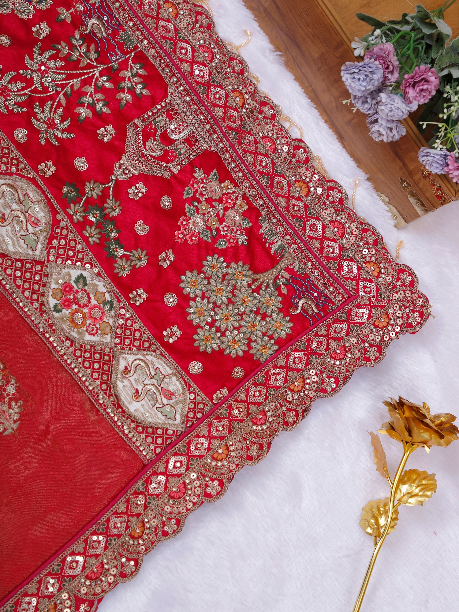 Surkh Élysian Multi Thread Sequins Moti Saree