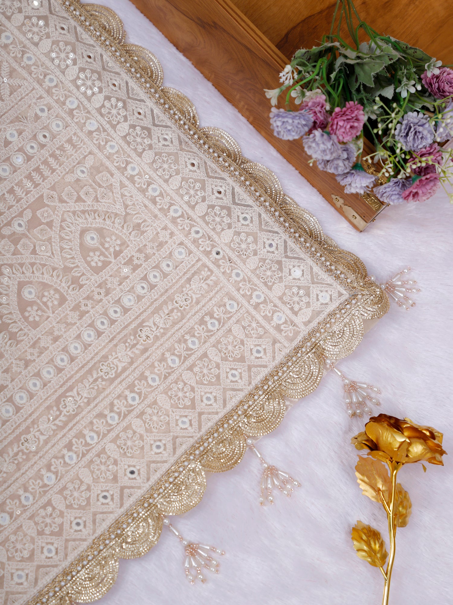 Elegant Beige Aaina Noor Lucknowi Georgette Saree