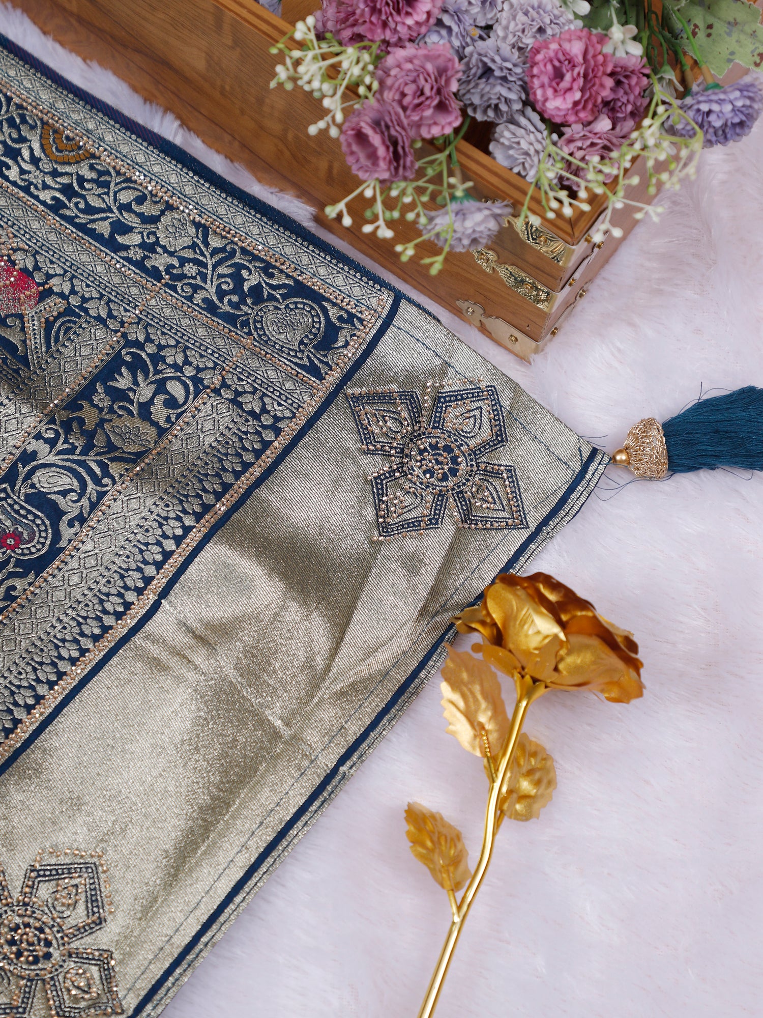 Blue–Red Vaidehi Swarovski Silk Saree