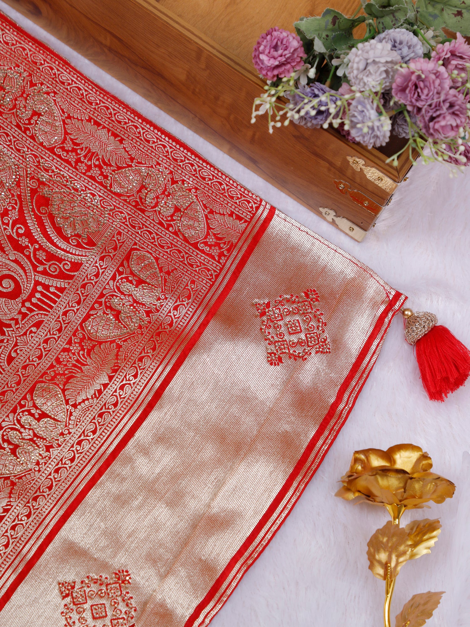 Red–Yellow Kanak Jyoti Silk-Mousse Saree