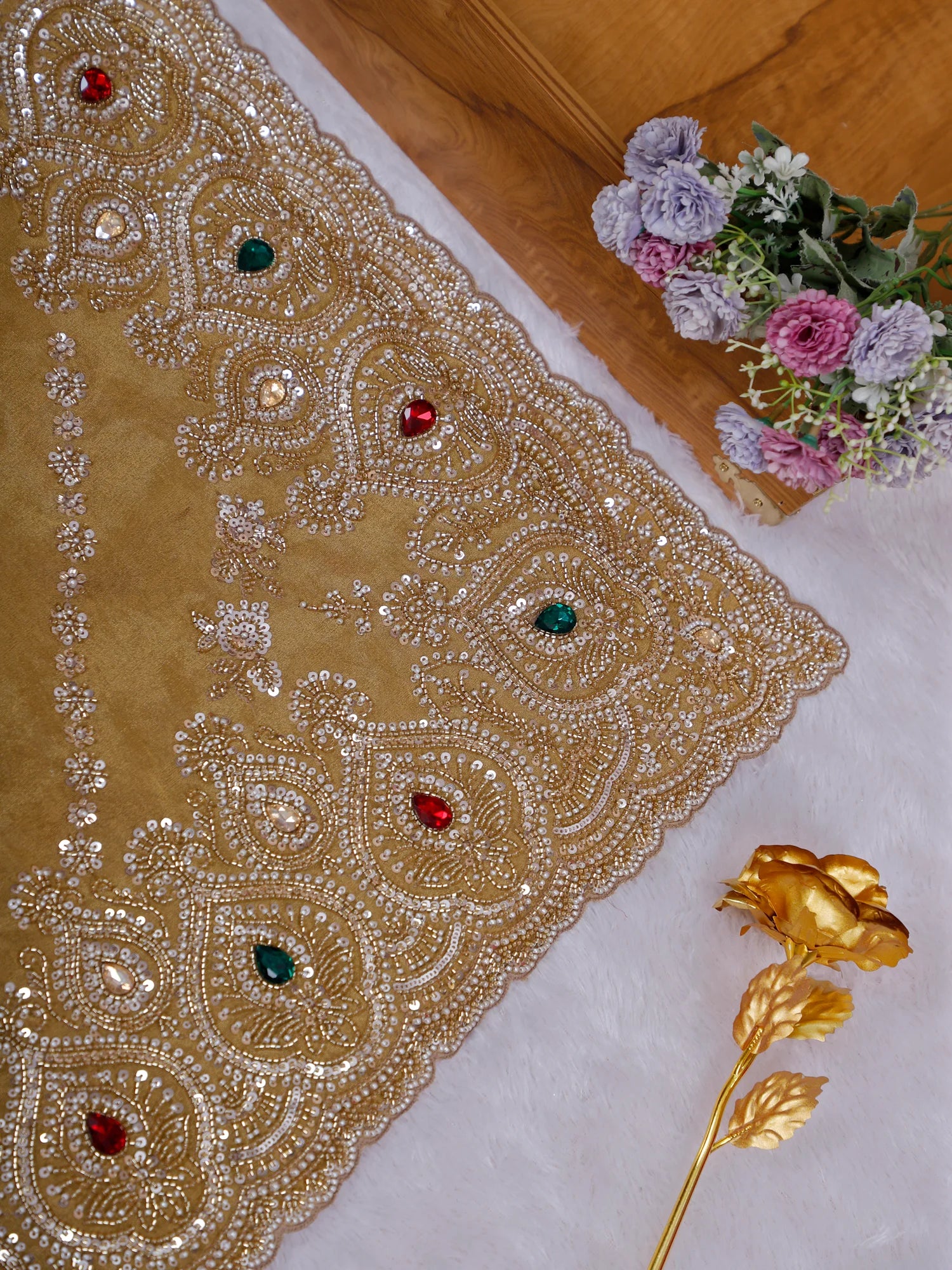 Crown Theory Golden Giraffe saree with Moti &amp; Stone Detailing