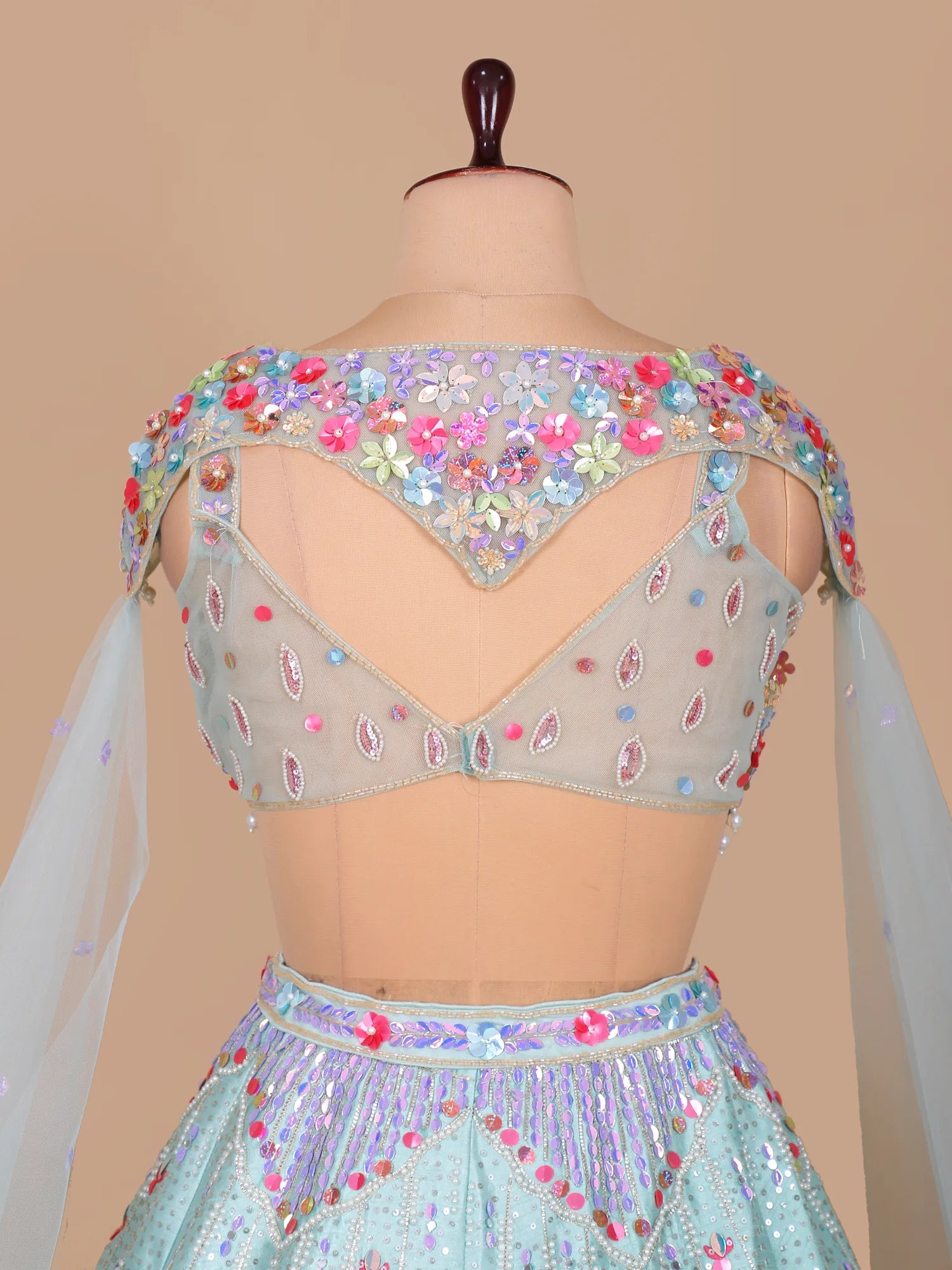 Aab-e-Zarqaa Silk Aplique Mirror Sequin Aqua Lehenga