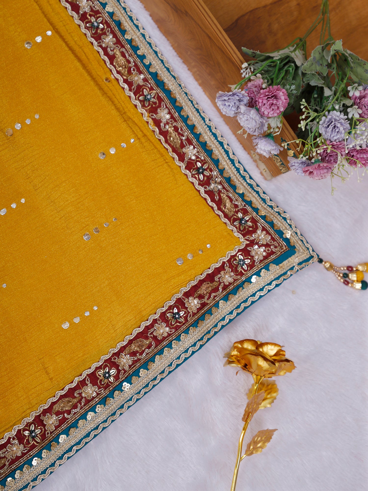 Teal-Yellow Sunehri Noor Shimmer Saree with Sequin Handcrafted Detailing