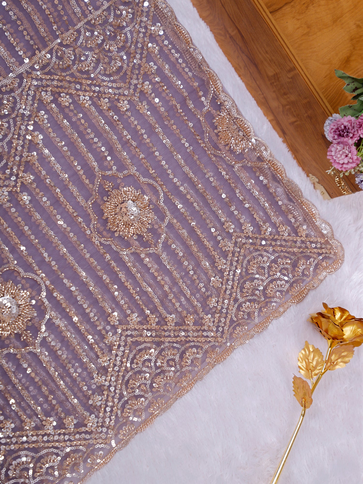 Lavender Royal Pearl Symphony Net Saree