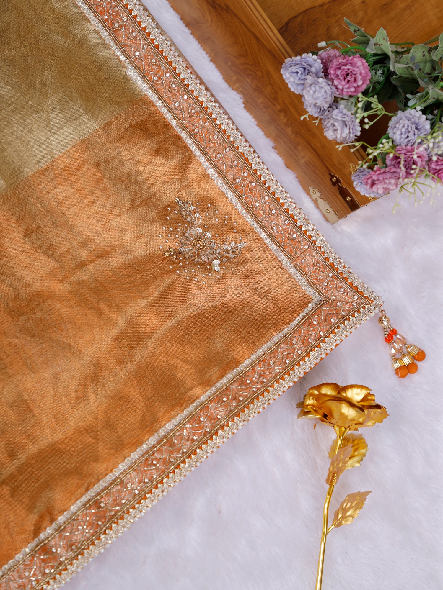 Orange-Champagne Afsana Glow Shimmer Saree with Sequin Moti Elegance