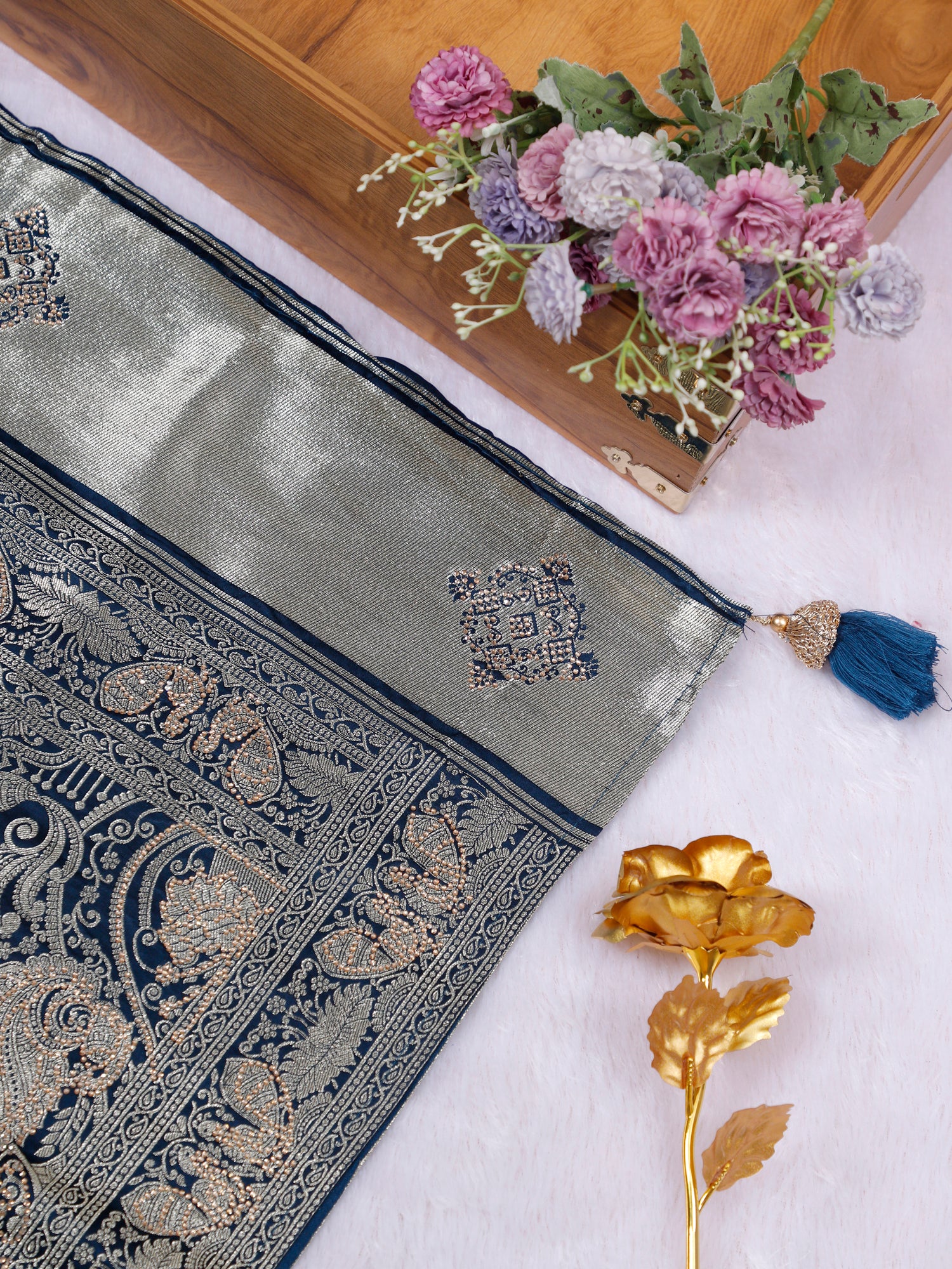 Red–Blue Shahi Aabhar Silk-Mousse Saree With Sequins Work