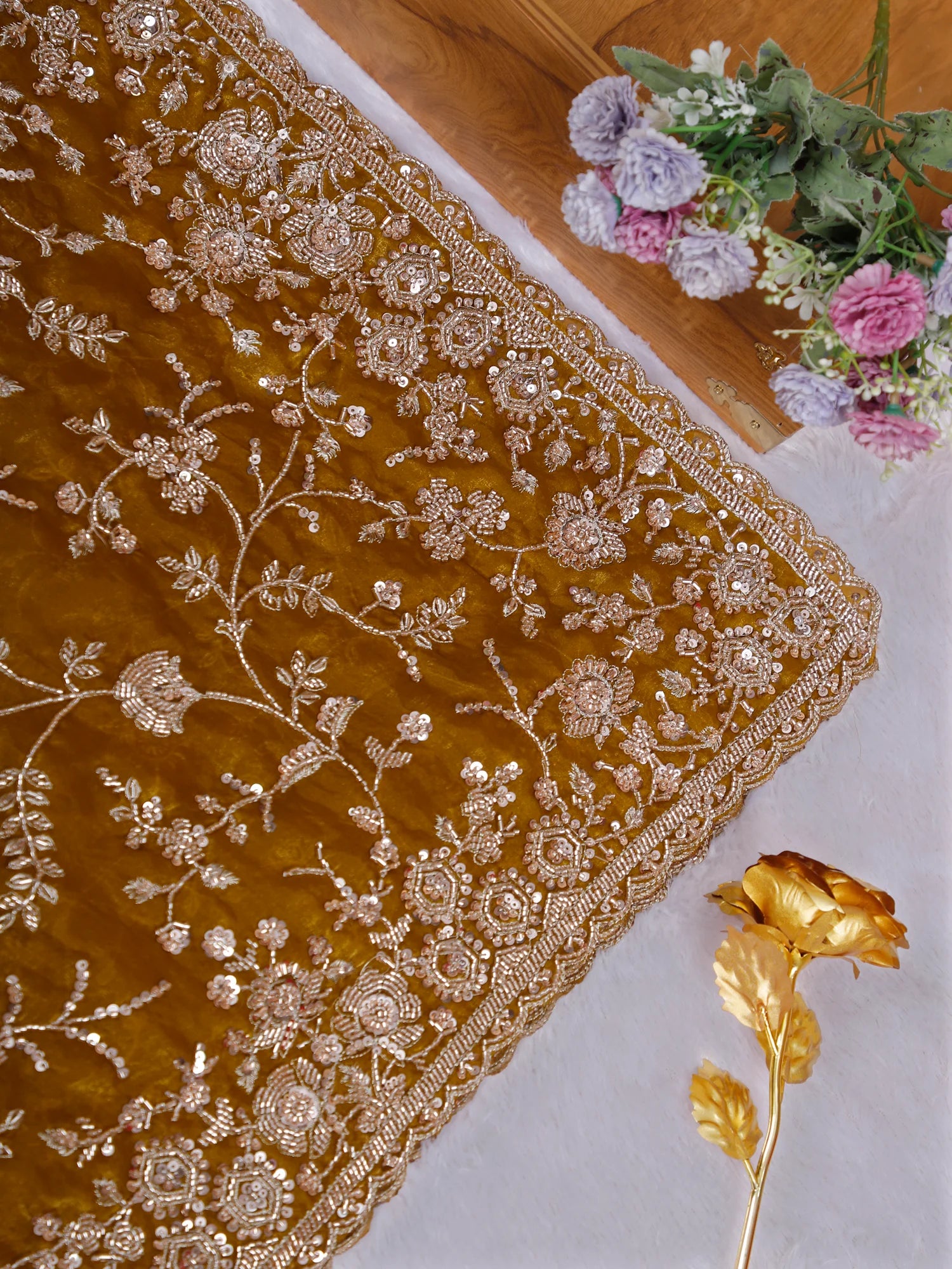 Sunset Alloy Mustard Bronze Tissue saree with Beaded Finish