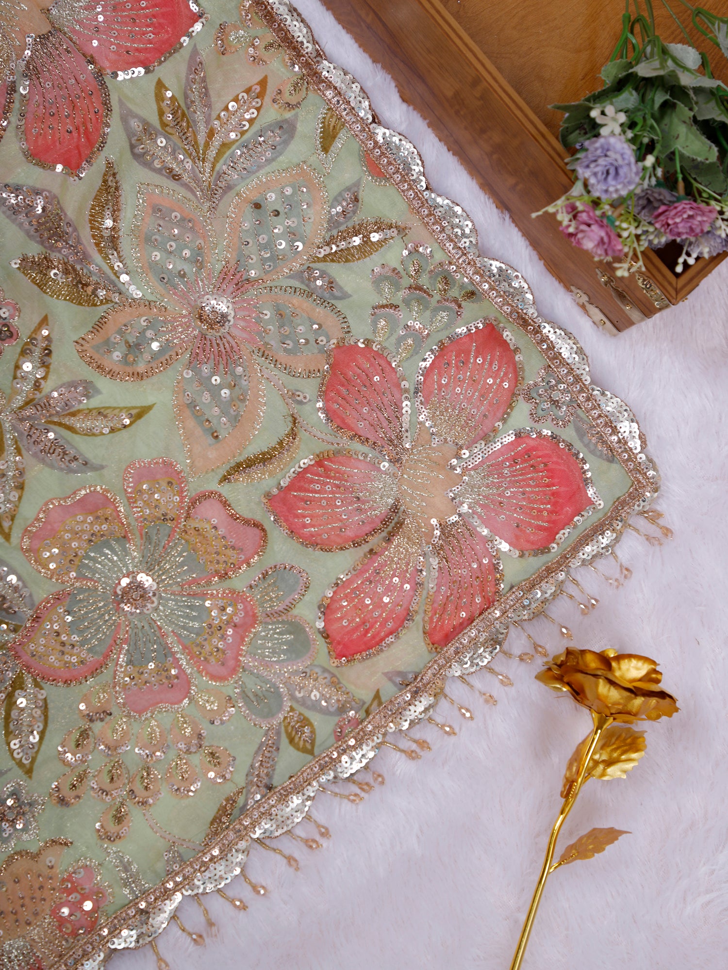 Multicolor RangSheen Sequins Thread Chinon Partywear Saree
