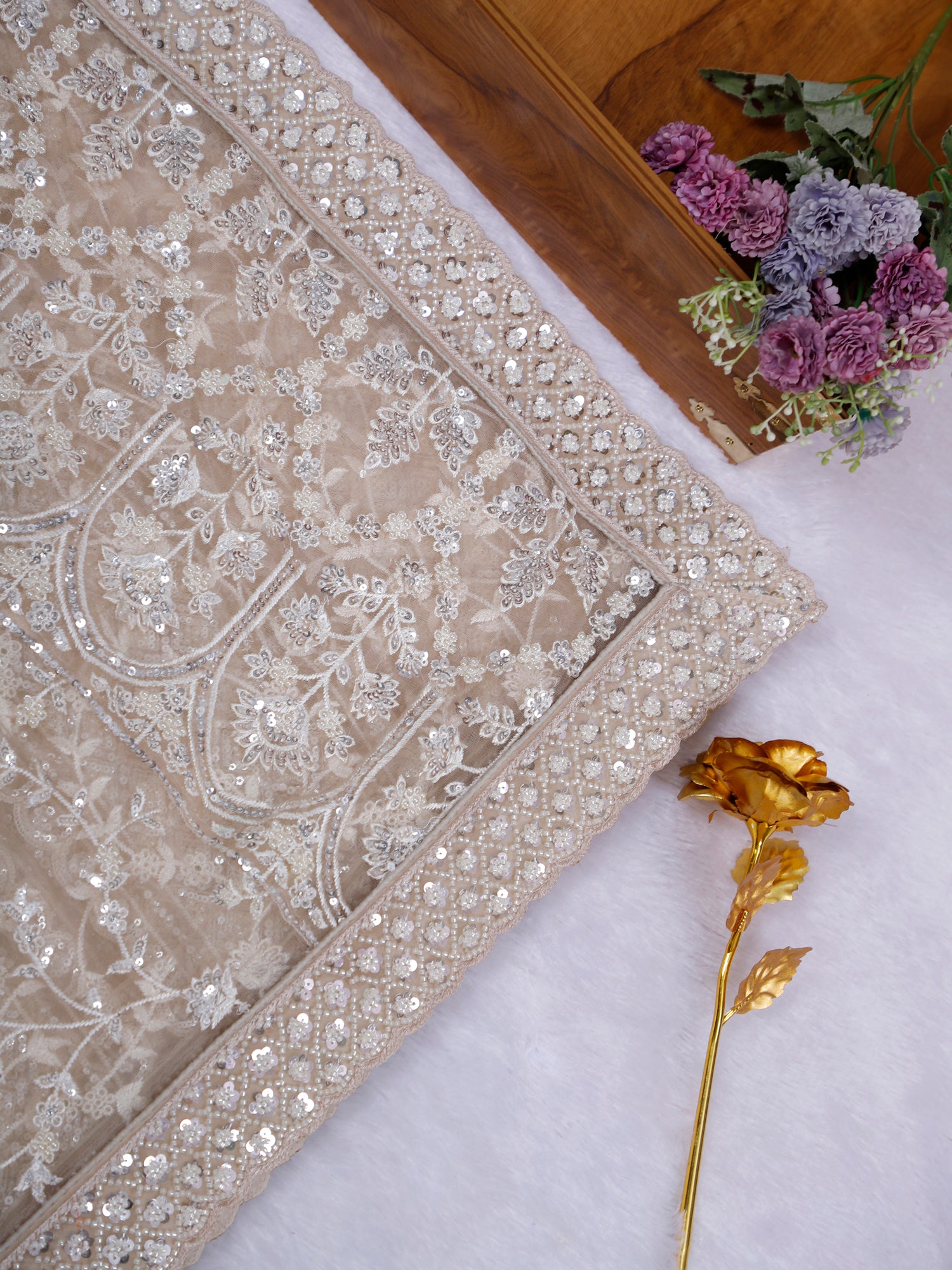 Beige Velvetine Sequins Moti Shine Saree