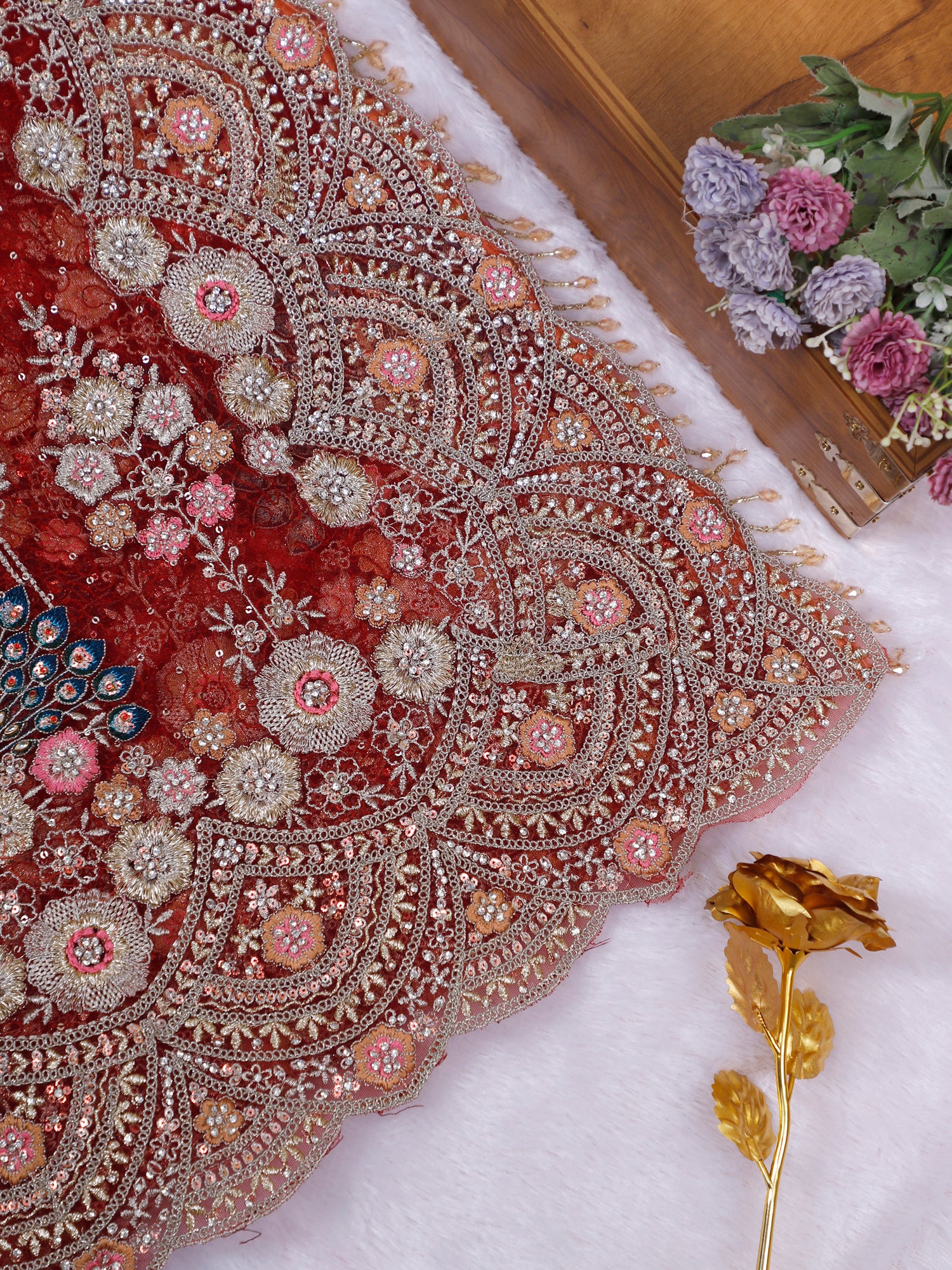 Bright Red Roshni-E-Raat Multi Thread Diamond Machine Work Net Saree