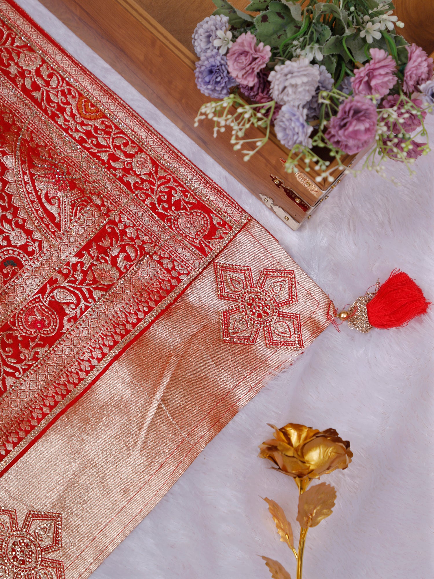 Blue–Yellow Red Triveni Swarovski Silk Saree