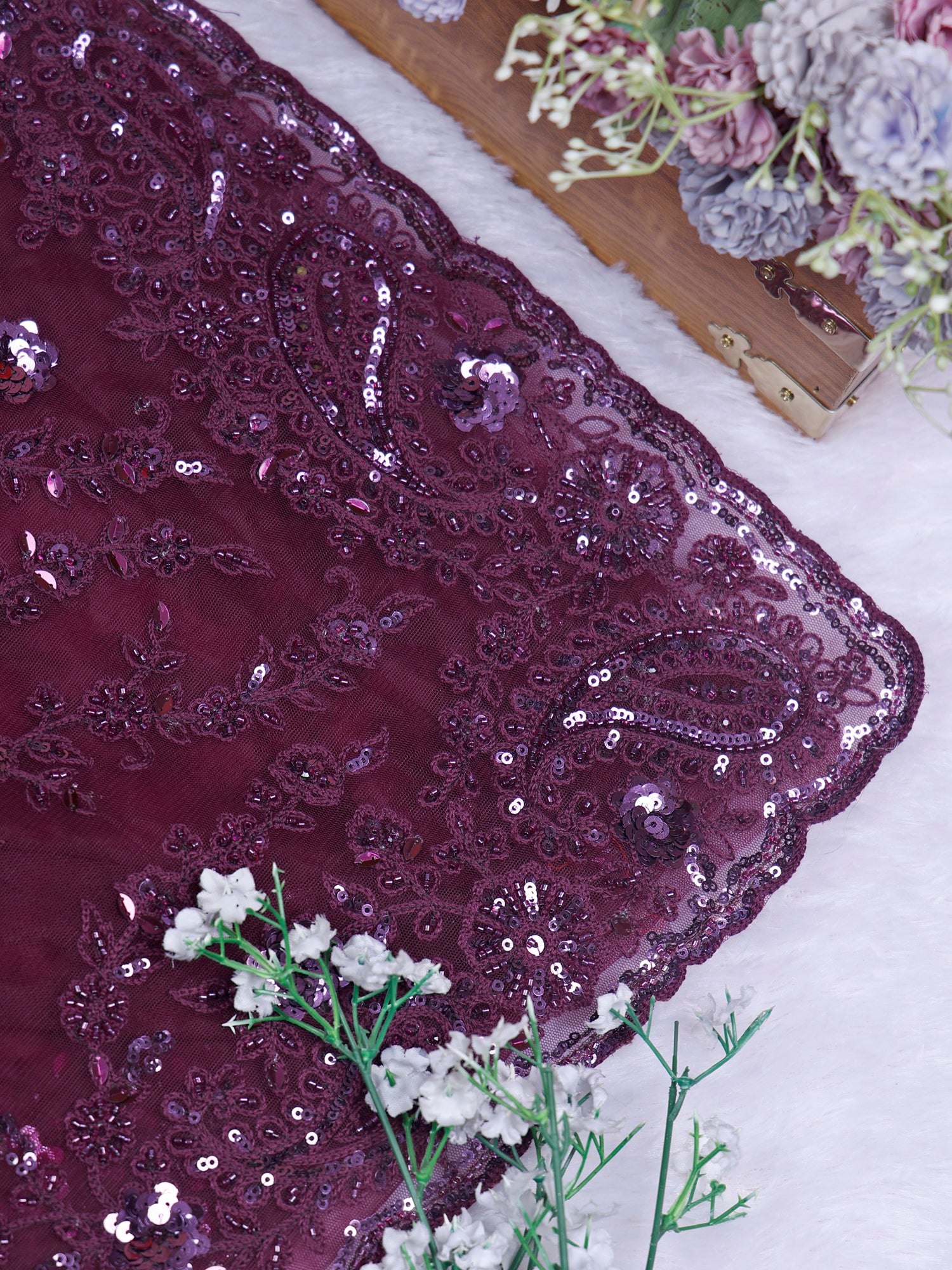 Purple Zahra Shimmer Handwork Net Saree