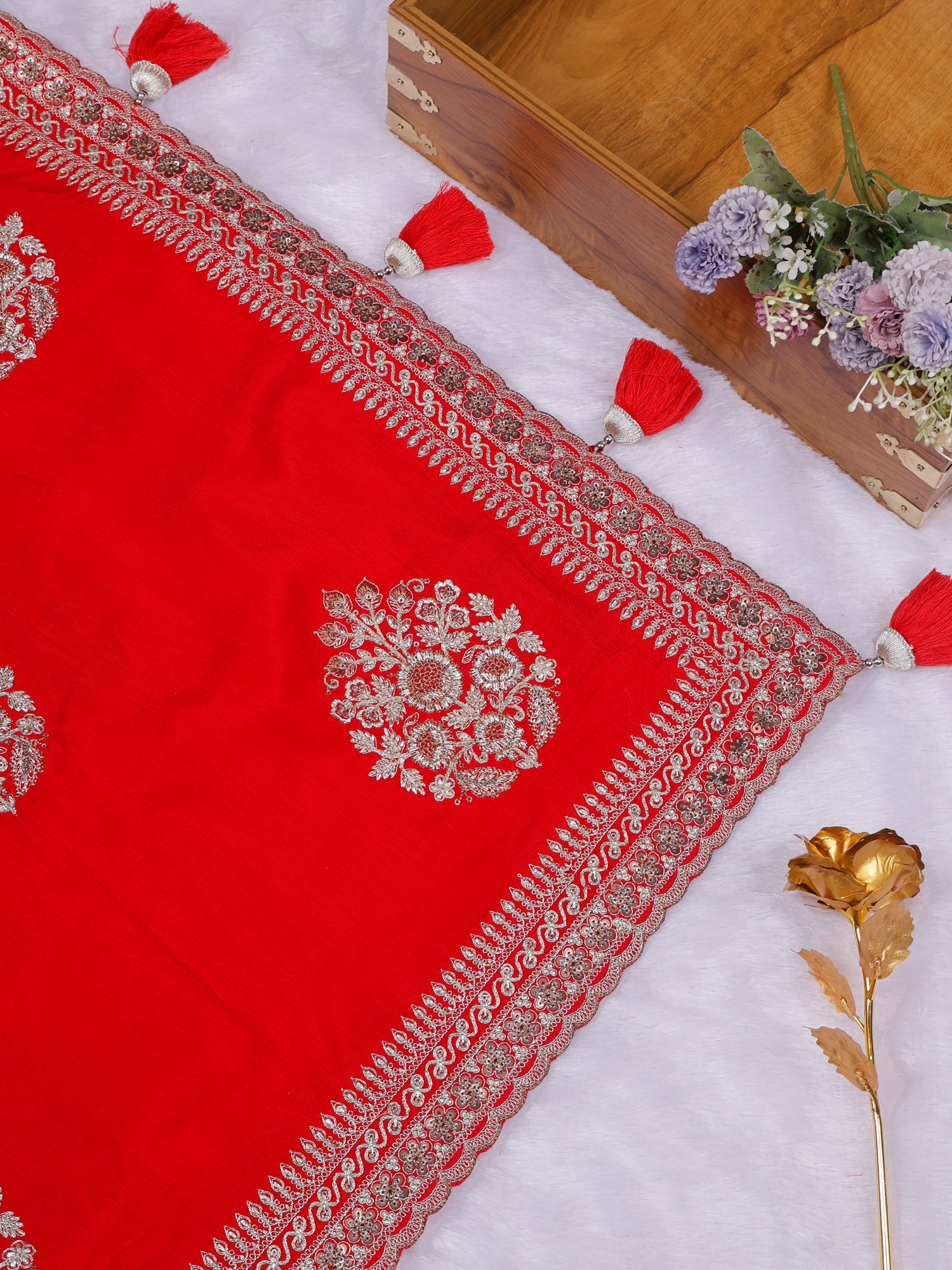 Luxury Red Crepe Silk Sequin Work Party Wear Saree