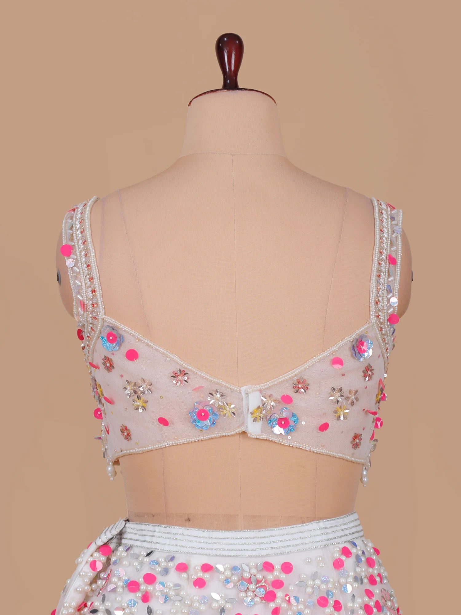 Soft Power White Net Lehenga with Pearl Mirror &amp; Aplique Craft