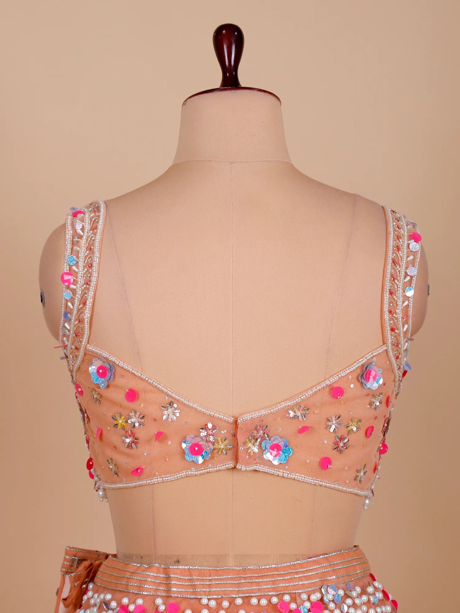 Zehra Peach Veil Thread Sequin Mirror Net Lehenga