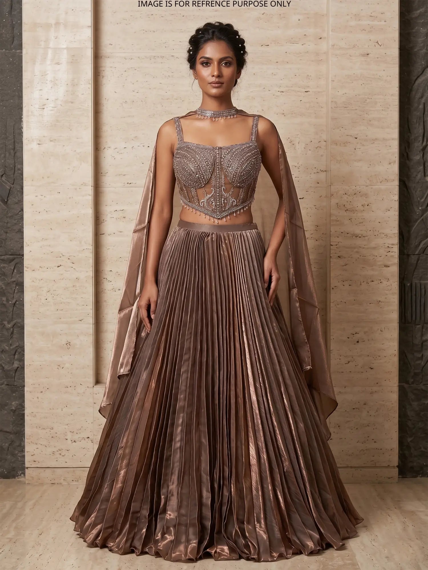 Affordable Brown Organza party Lehenga With Cut Dana Work