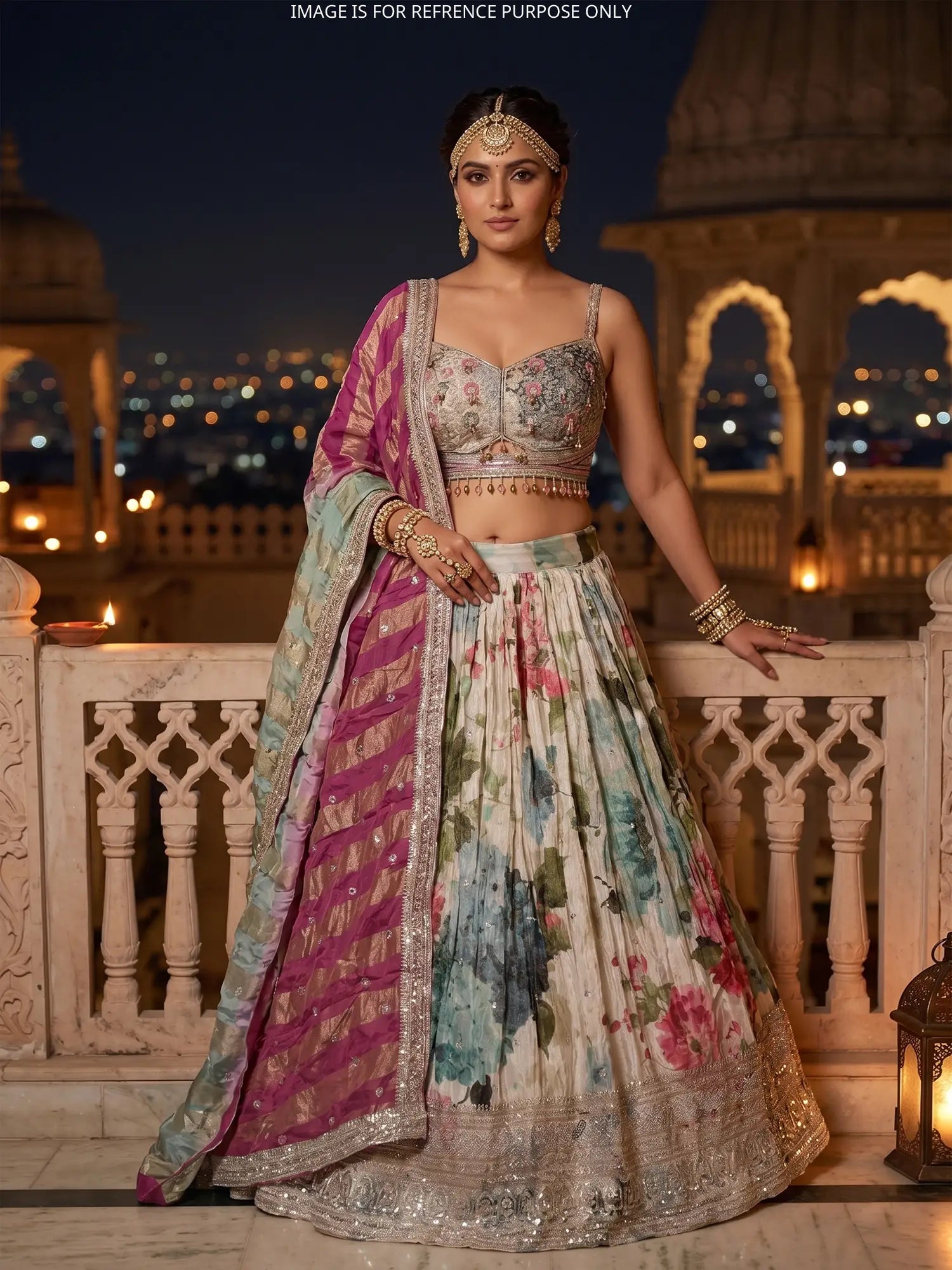 Affordable Floral Multi Color Crepe Silk Lehenga Choli
