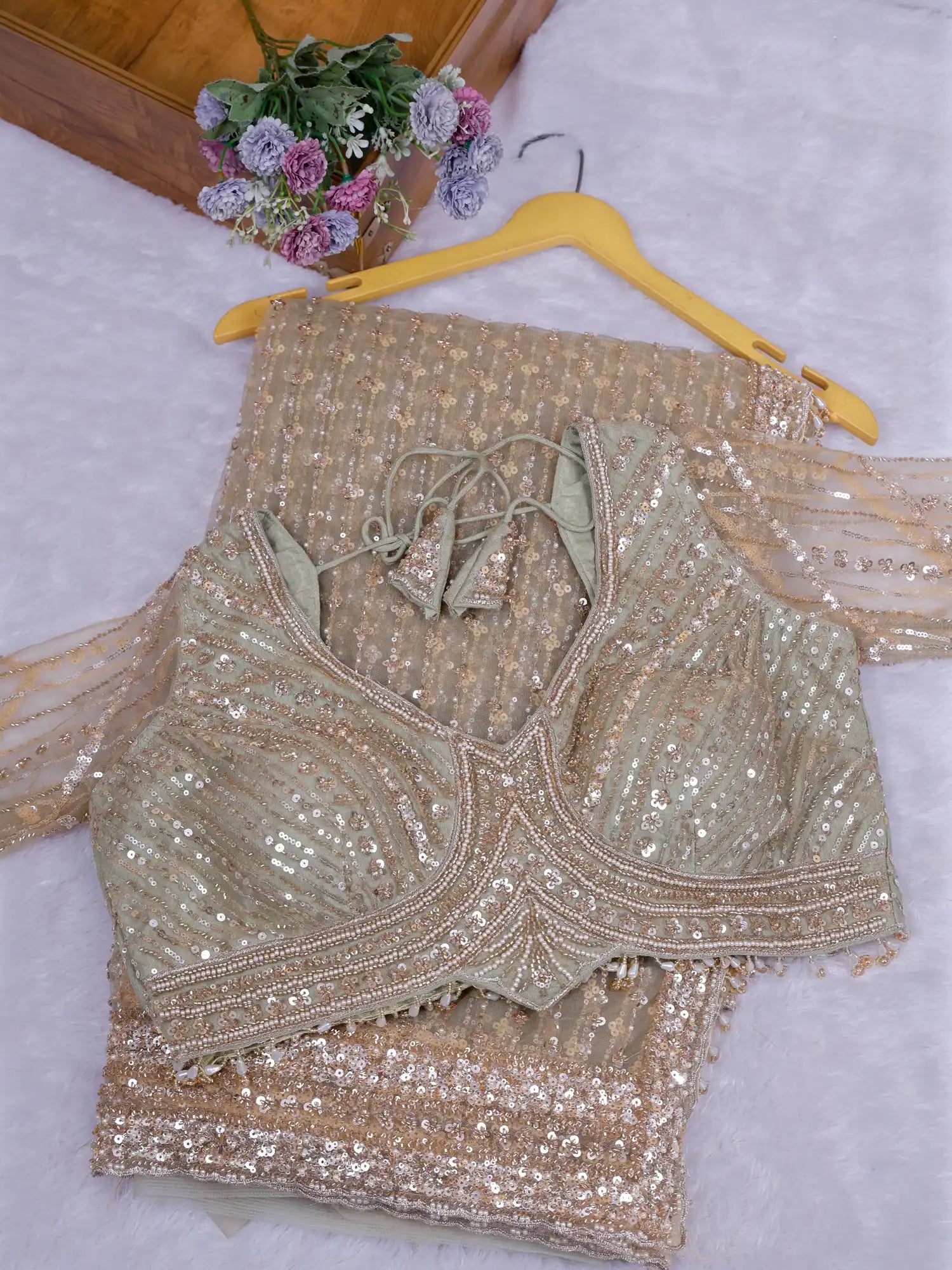 Affordable Modern Pista Net Saree With Designer Embroidery