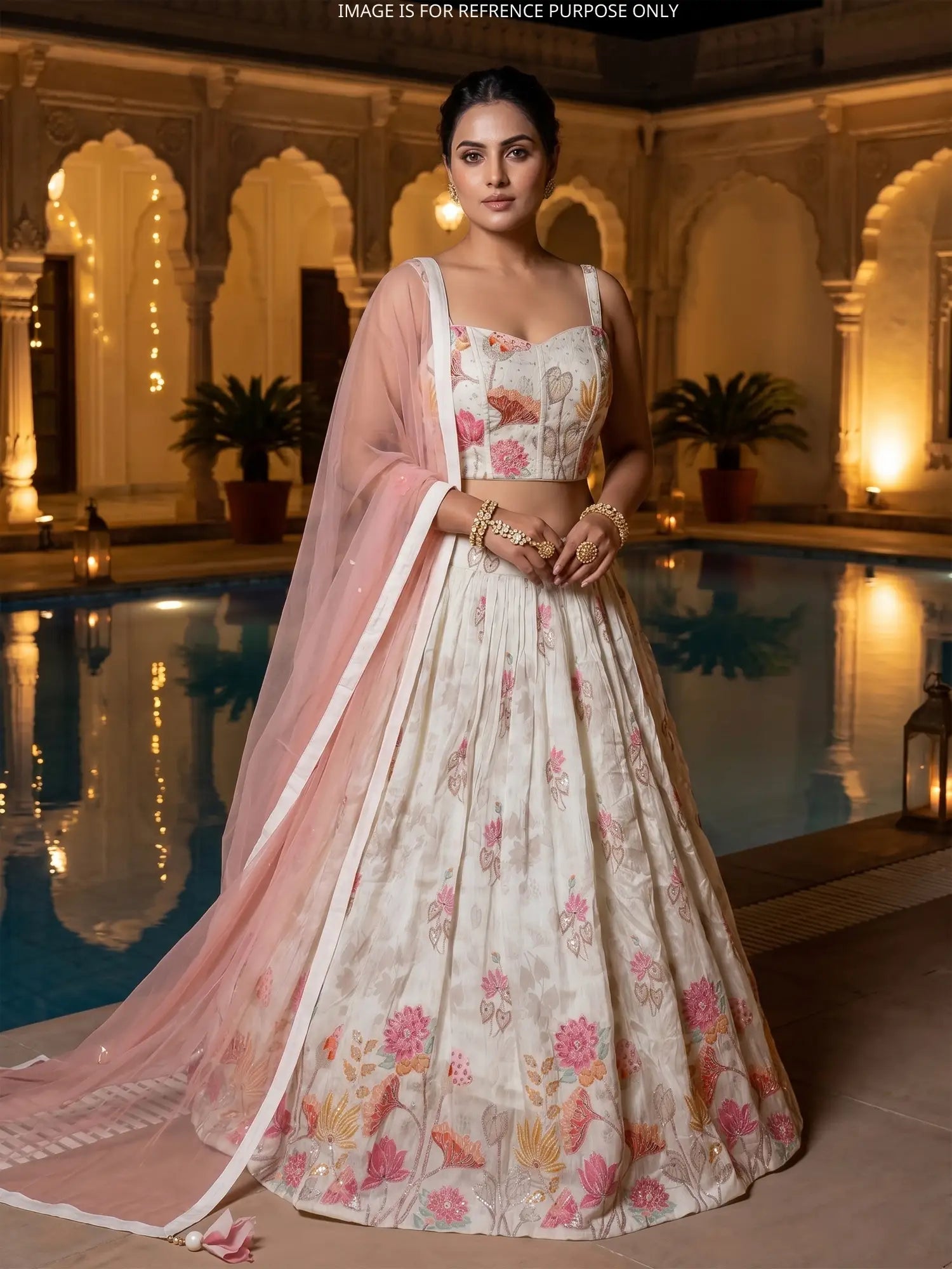 Affordable Party Wear Off White Crepe Silk Lehenga