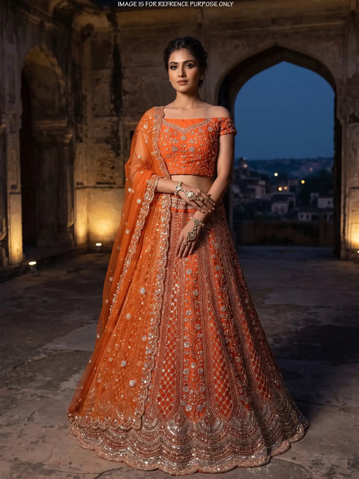 Affordable Rust Orange Party Wear Lehenga with Floral Sequin Detailing