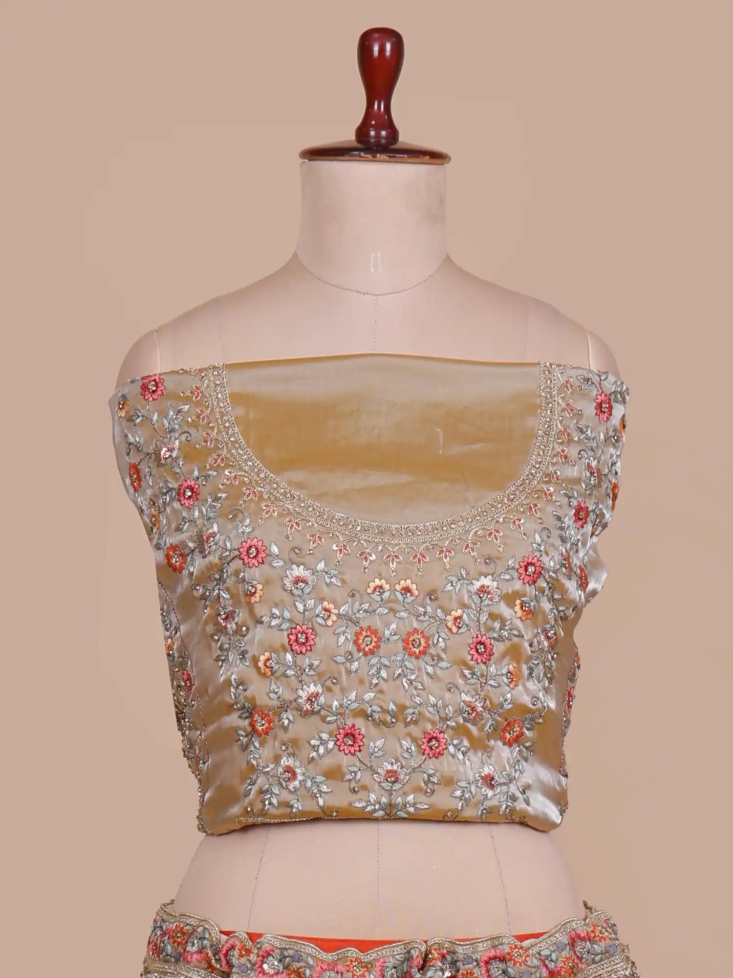 Antique Gold Organza Unstitched Lehenga Featuring Floral Figure Embroidery