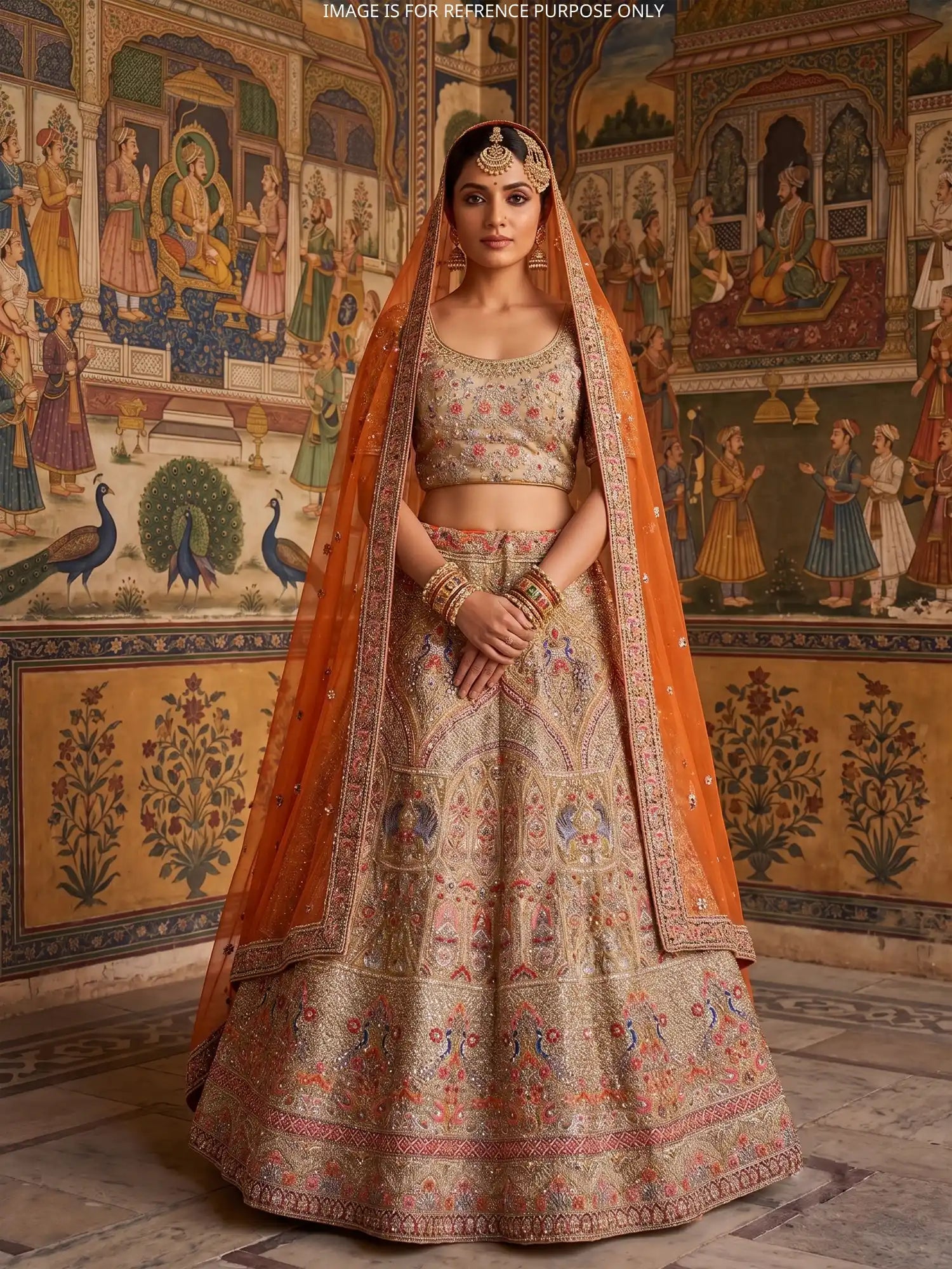 Antique Gold Organza Unstitched Lehenga Featuring Floral Figure Embroidery