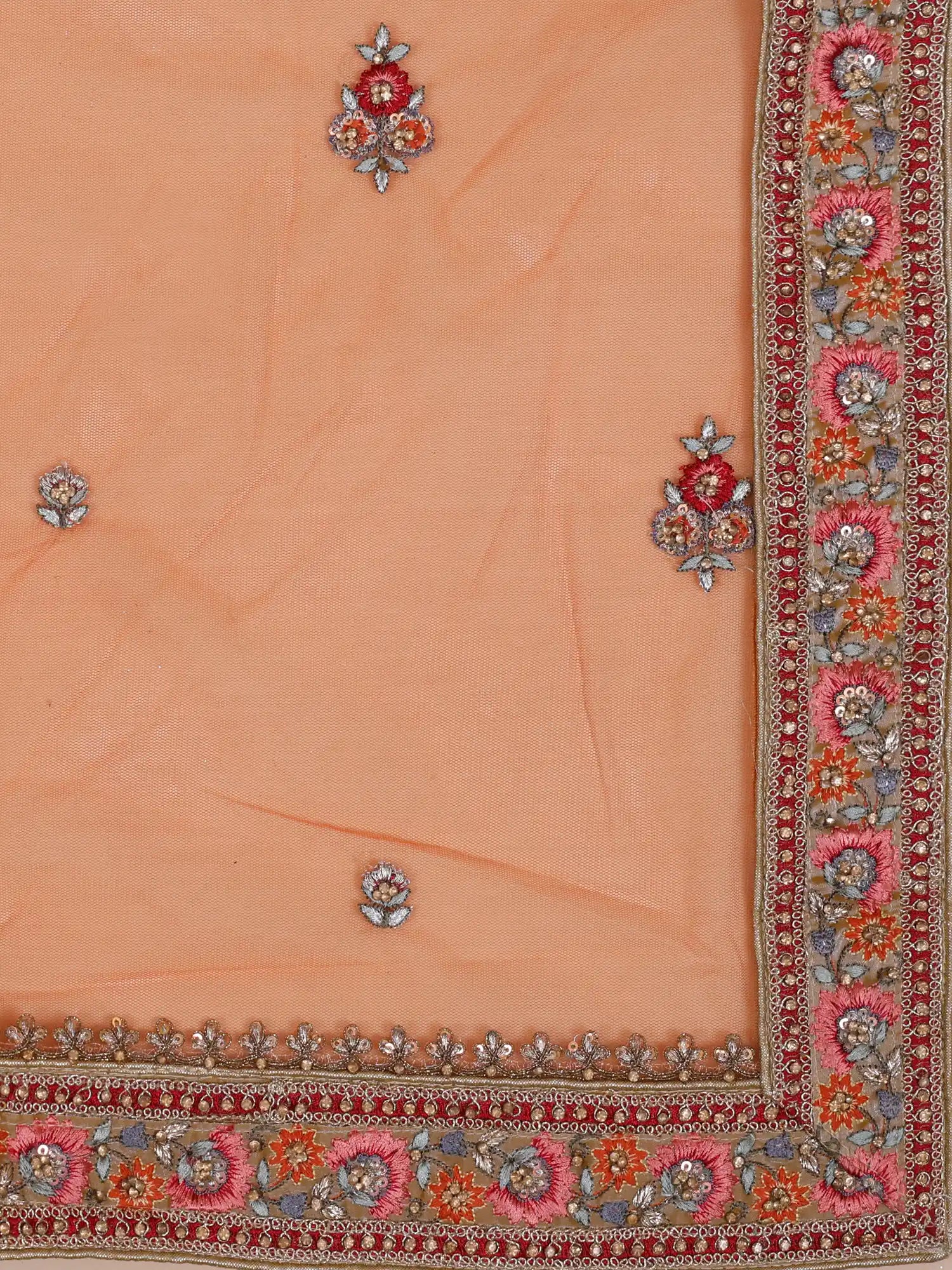 Antique Gold Organza Unstitched Lehenga Featuring Floral Figure Embroidery
