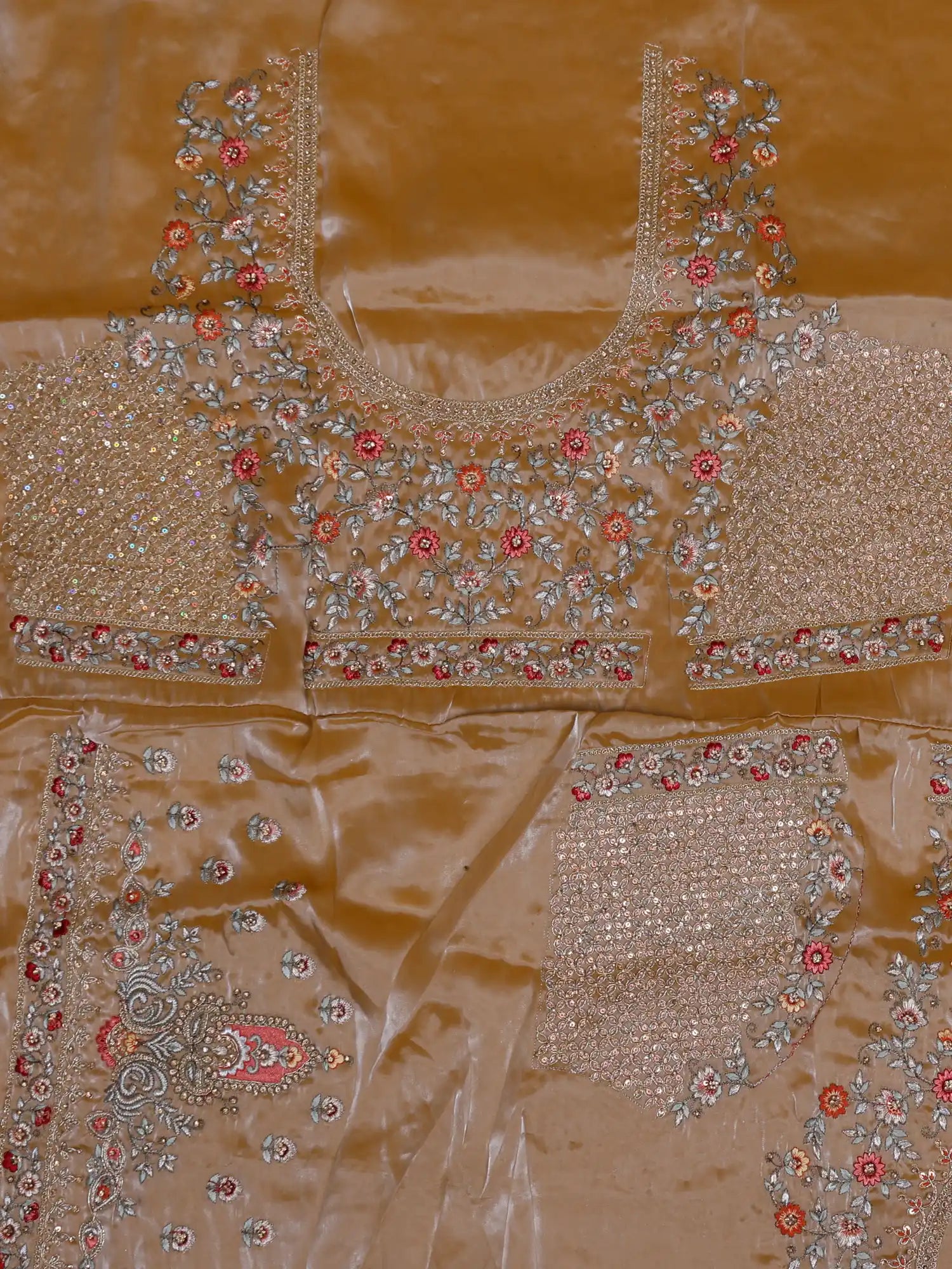 Antique Gold Organza Unstitched Lehenga Featuring Floral Figure Embroidery