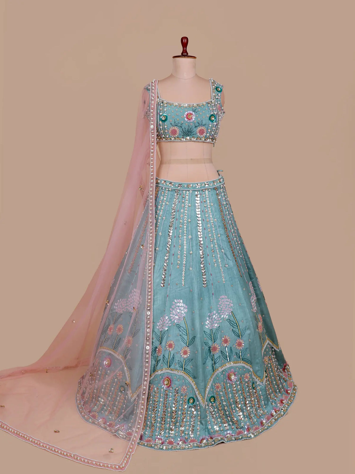 Aqua Blue Silk PDP Inspired Lehenga with Multi Sequin Pearl Work