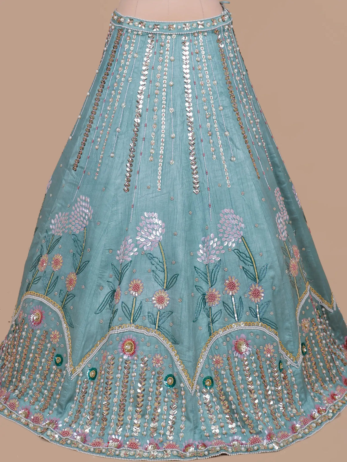 Aqua Blue Silk PDP Inspired Lehenga with Multi Sequin Pearl Work