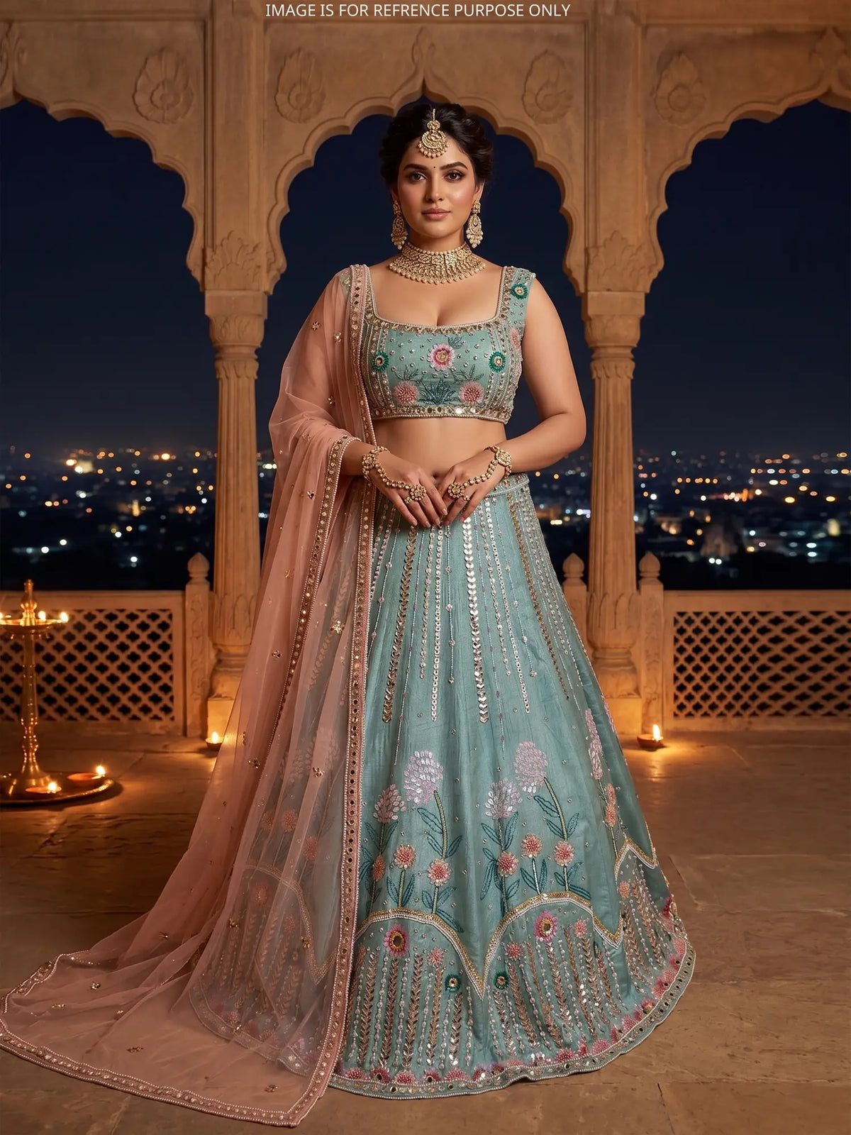Aqua Blue Silk PDP Inspired Lehenga with Multi Sequin Pearl Work