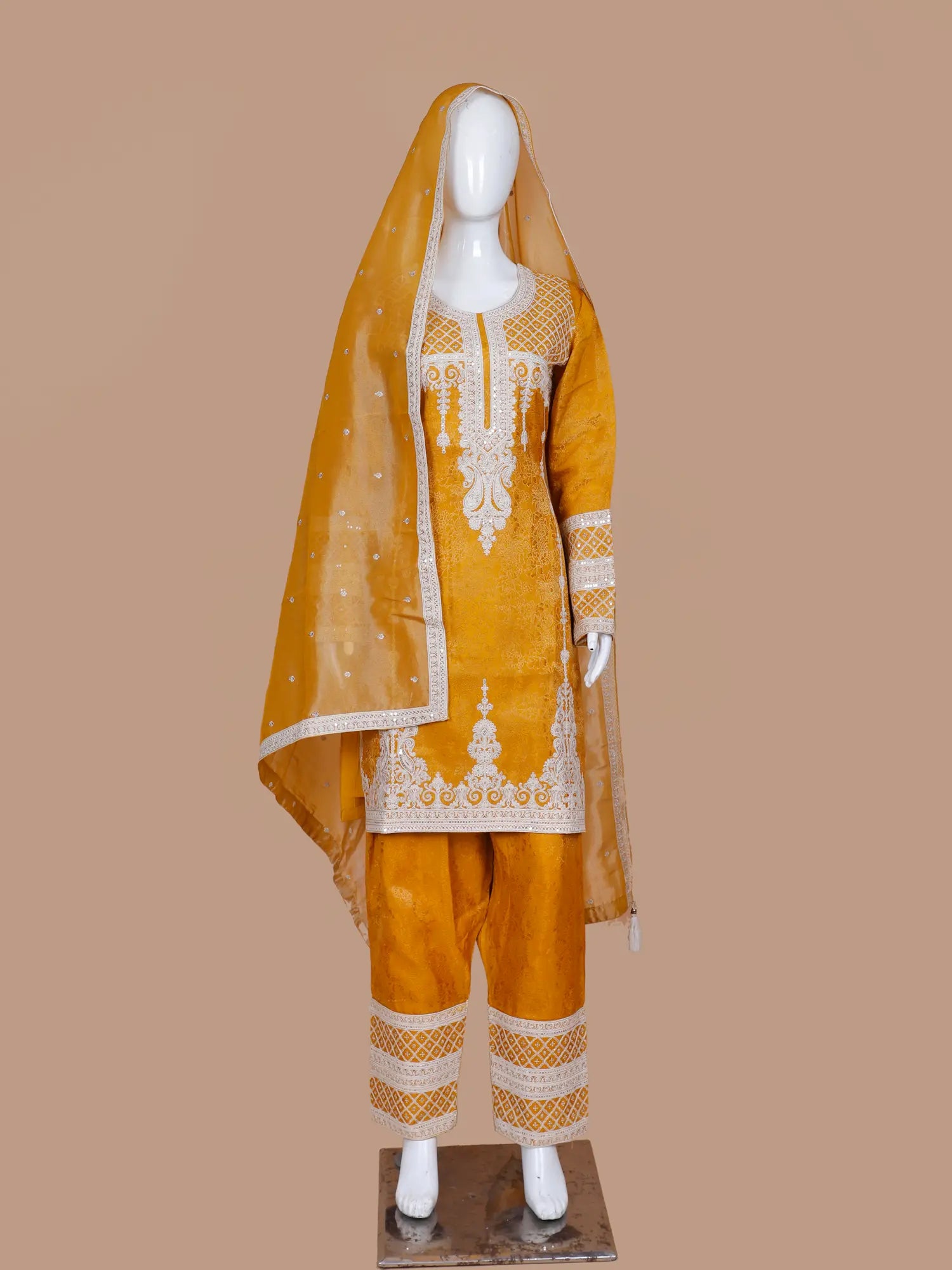 Style Mustard Yellow Banarasi Silk Suit Showcasing White Work