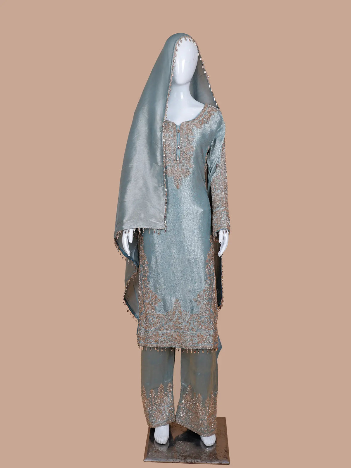 Exclusive Blue Grey Banarasi Silk Suit Featuring Gold Beaded Embroidery