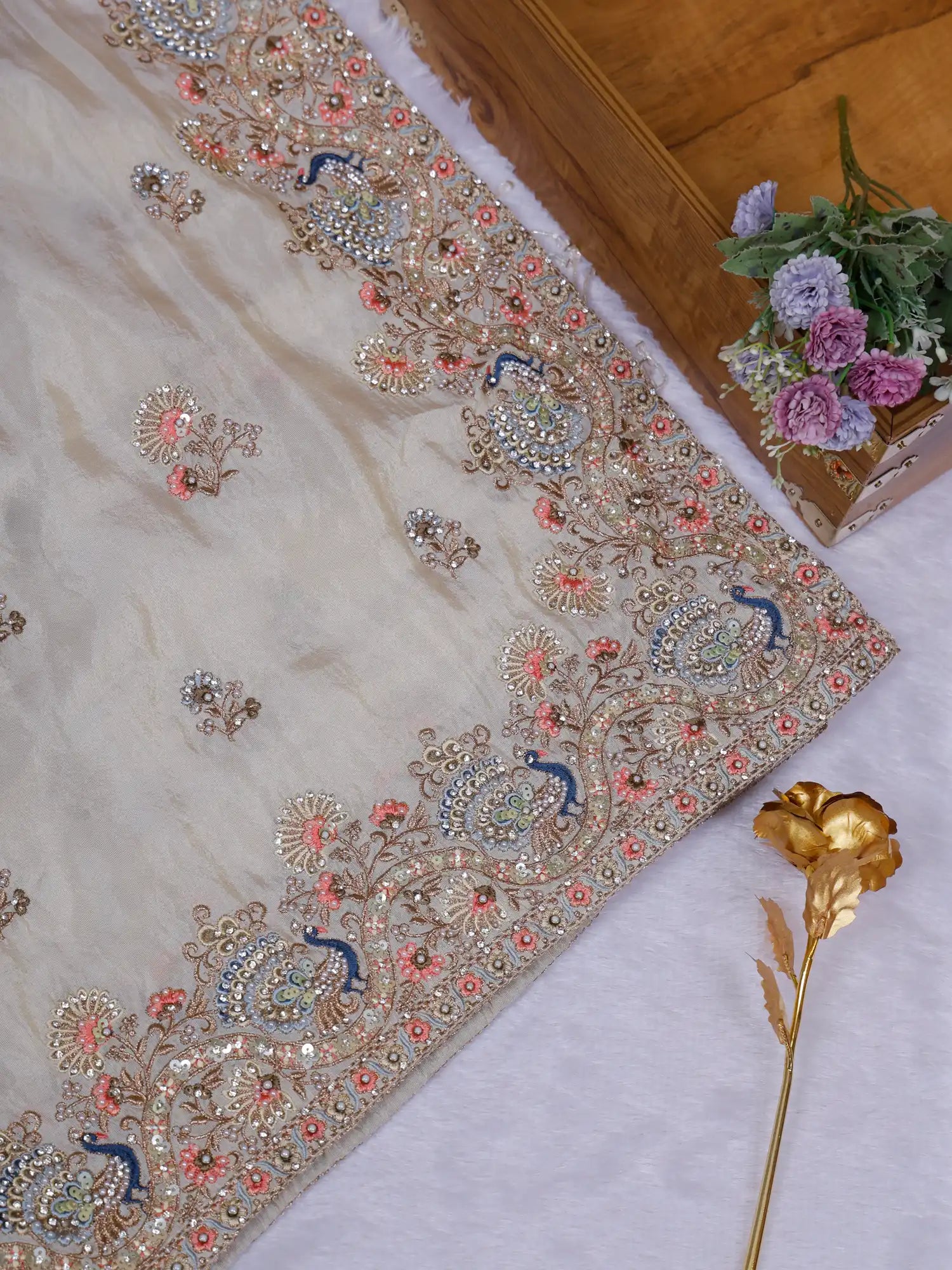 Shop Majestic Ivory Silk Saree With Elegant Hand Embroidery