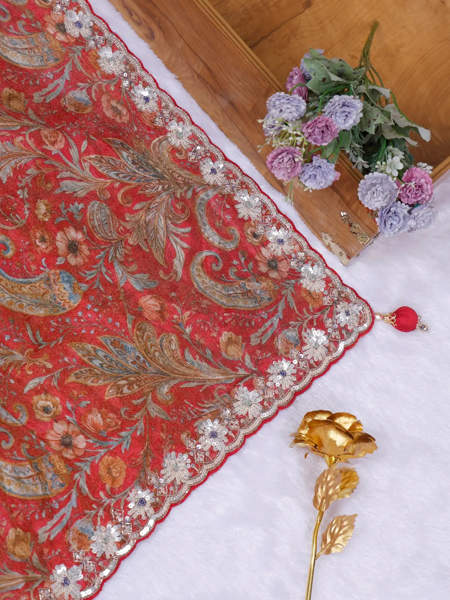Prestige Red Printed Crepe Saree With Signature Handcrafted Work