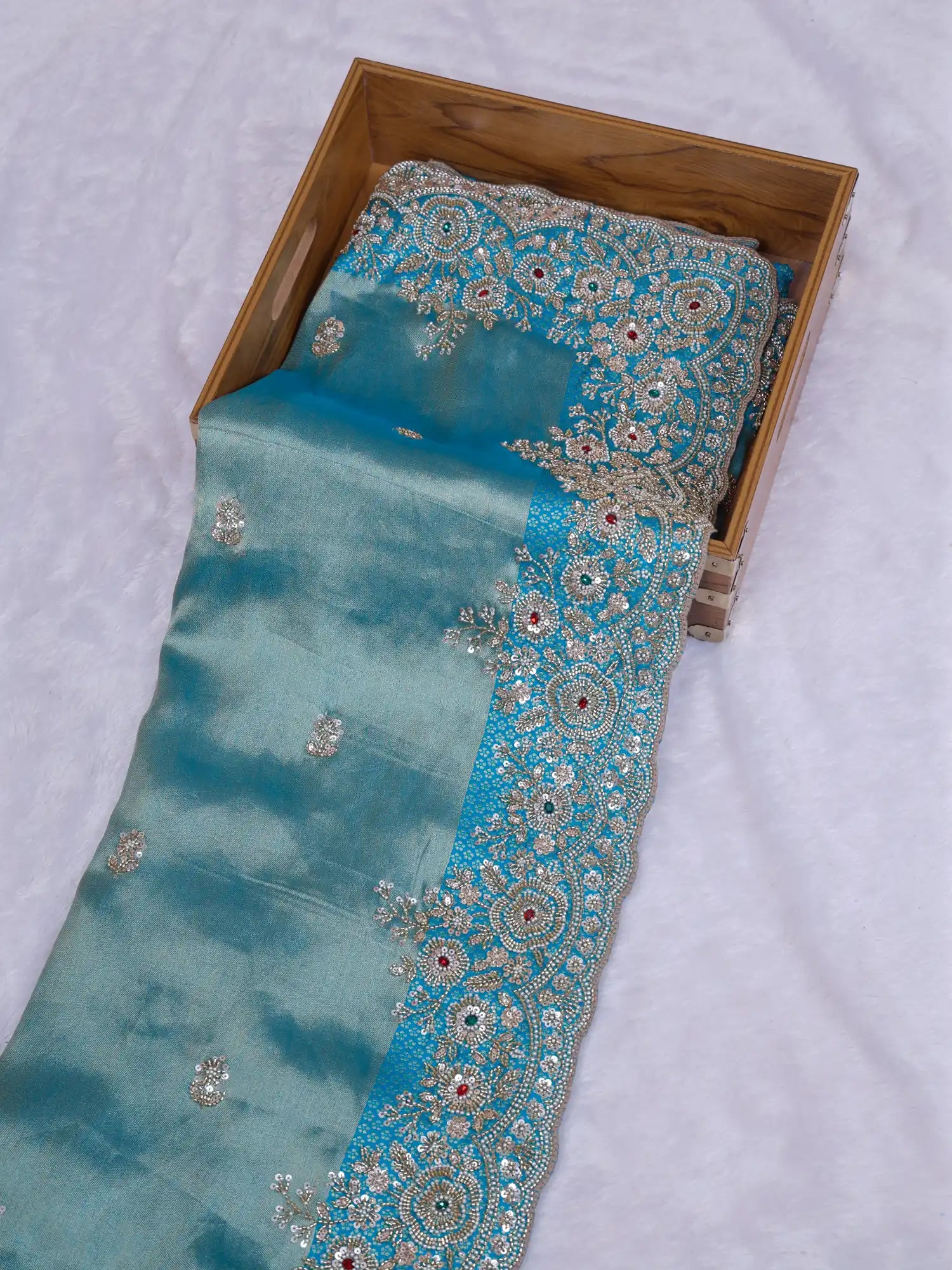 Timeless Sky Blue Silk Saree With Signature Hand Embroidery