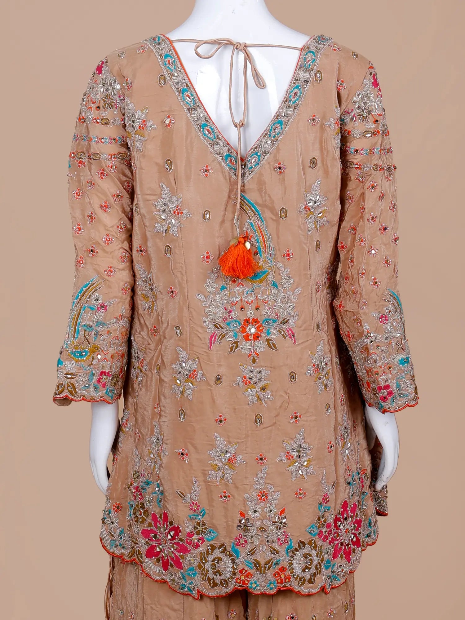 Modern Muse Beige Chinon Indo Western Palazzo Suit In Cut Dana Pearl Work