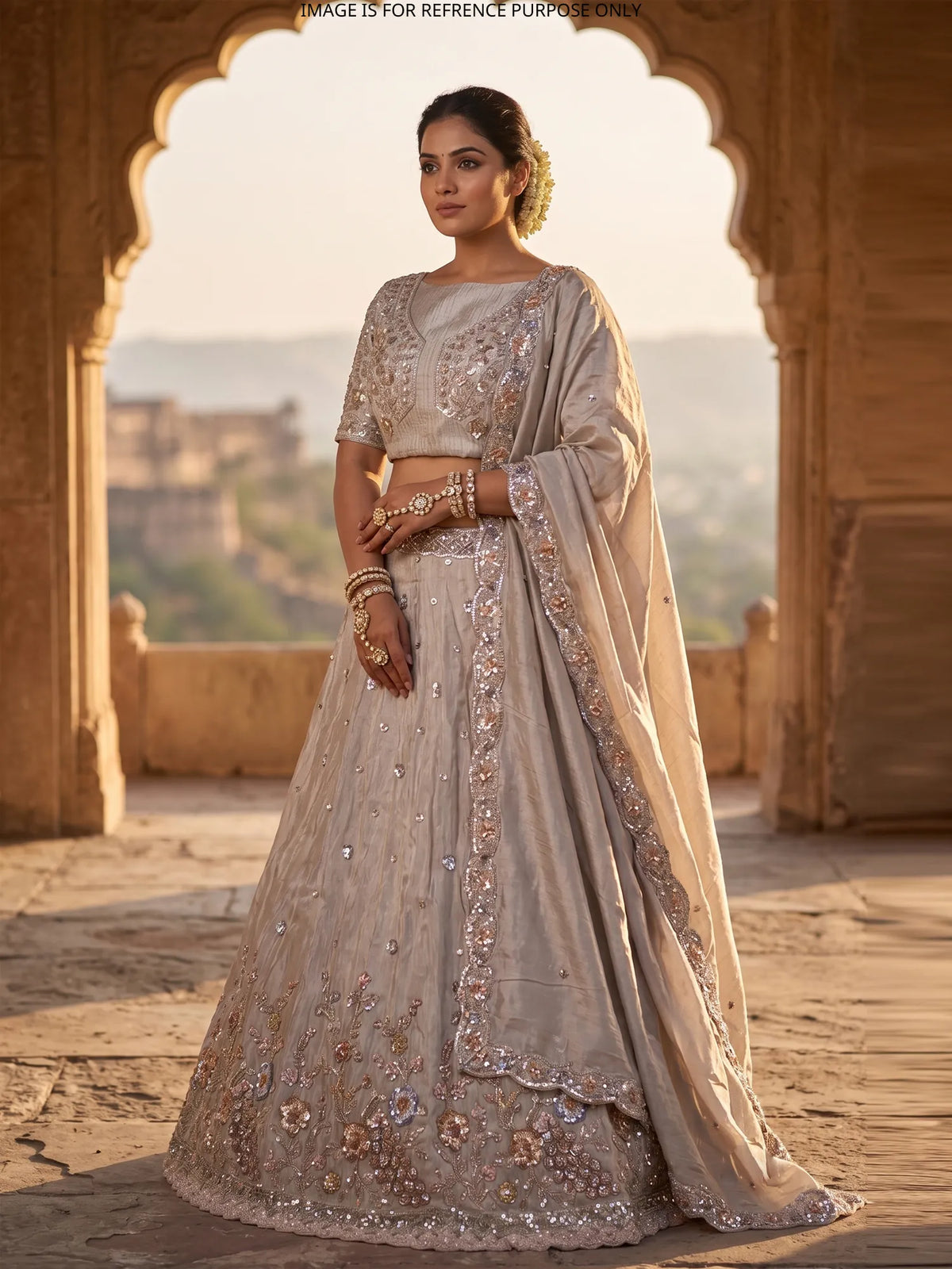 Beige Designer Lehenga Featuring Pastel Garden and Bird Motifs