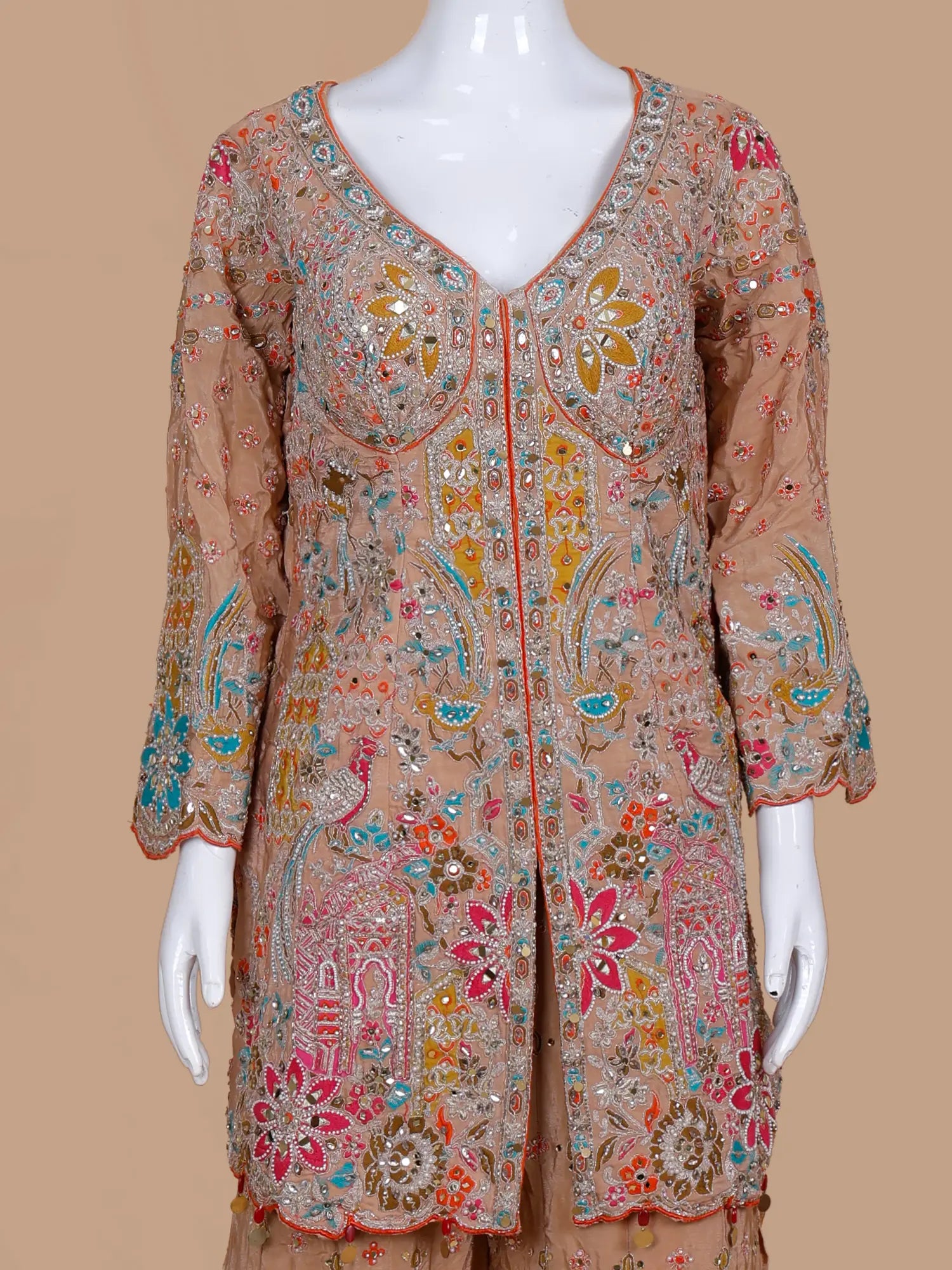 Modern Muse Beige Chinon Indo Western Palazzo Suit In Cut Dana Pearl Work