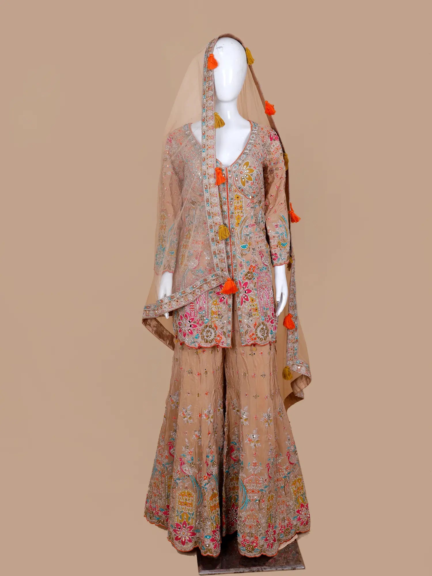 Modern Muse Beige Chinon Indo Western Palazzo Suit In Cut Dana Pearl Work