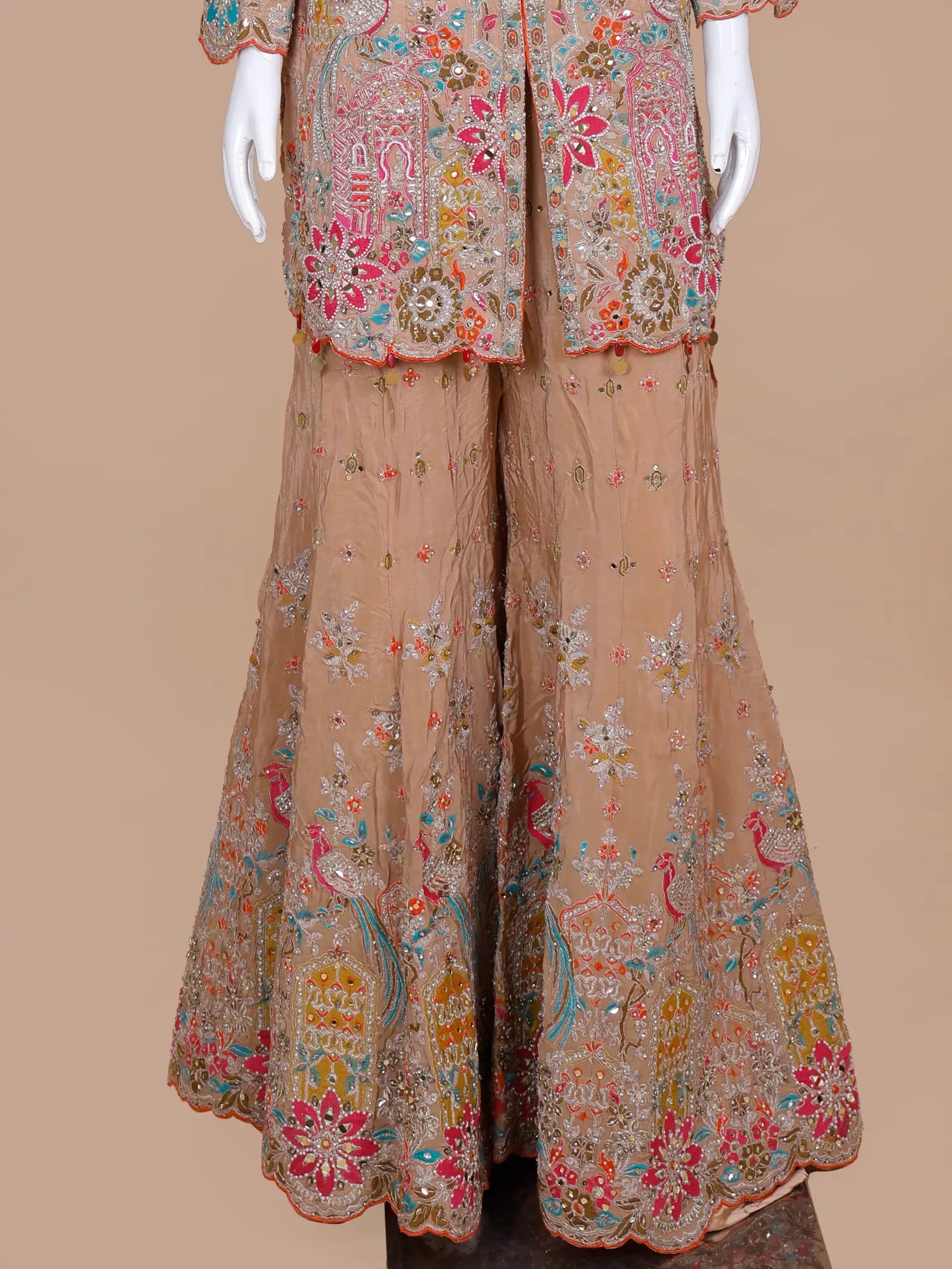 Modern Muse Beige Chinon Indo Western Palazzo Suit In Cut Dana Pearl Work