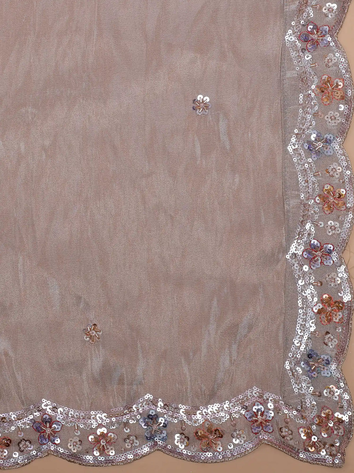 Light Beige Shimmer Organza Lehenga Embellished in Floral Pearl Detailing