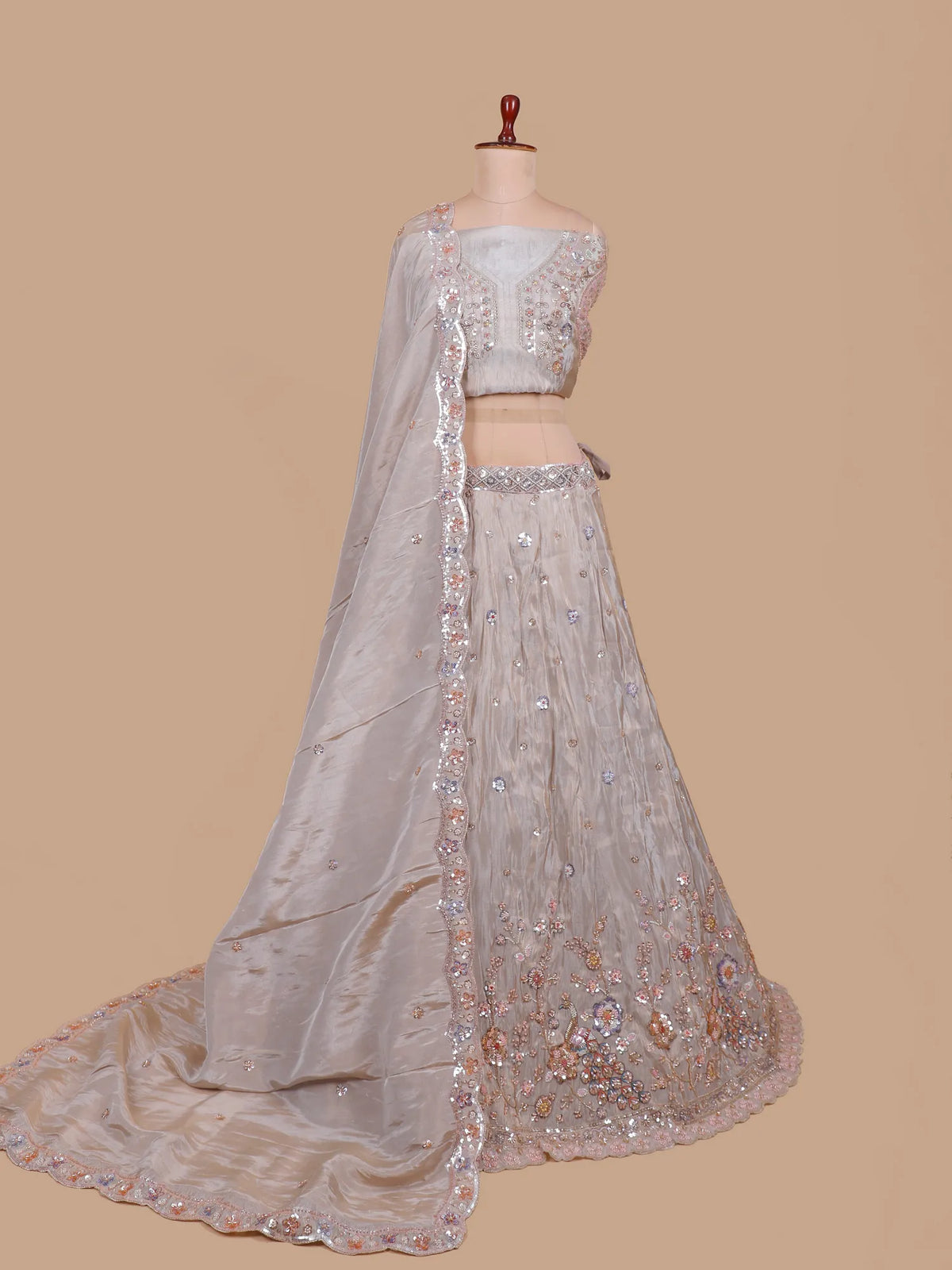 Beige Designer Lehenga Featuring Pastel Garden and Bird Motifs
