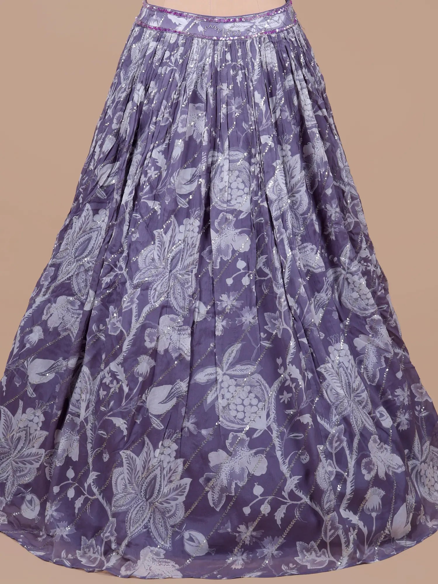 Buy Dusty Purple Floral Crepe Silk Lehenga With Pearl Work