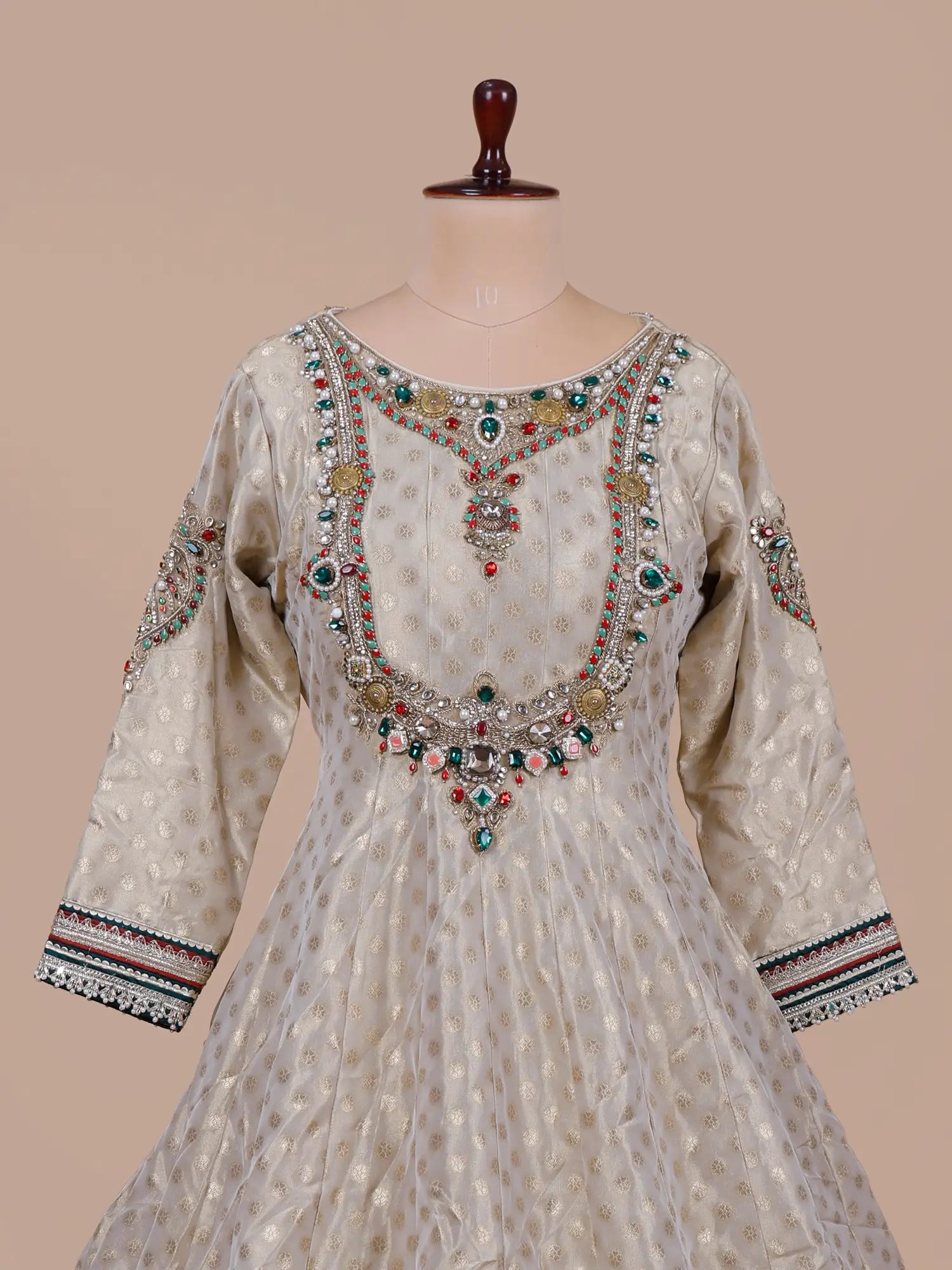 Luxury Off White Banarasi Silk Anarkali Gown Stone Work
