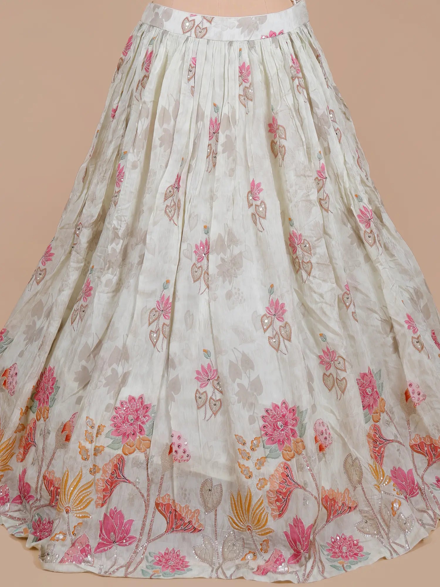 Affordable Party Wear Off White Crepe Silk Lehenga