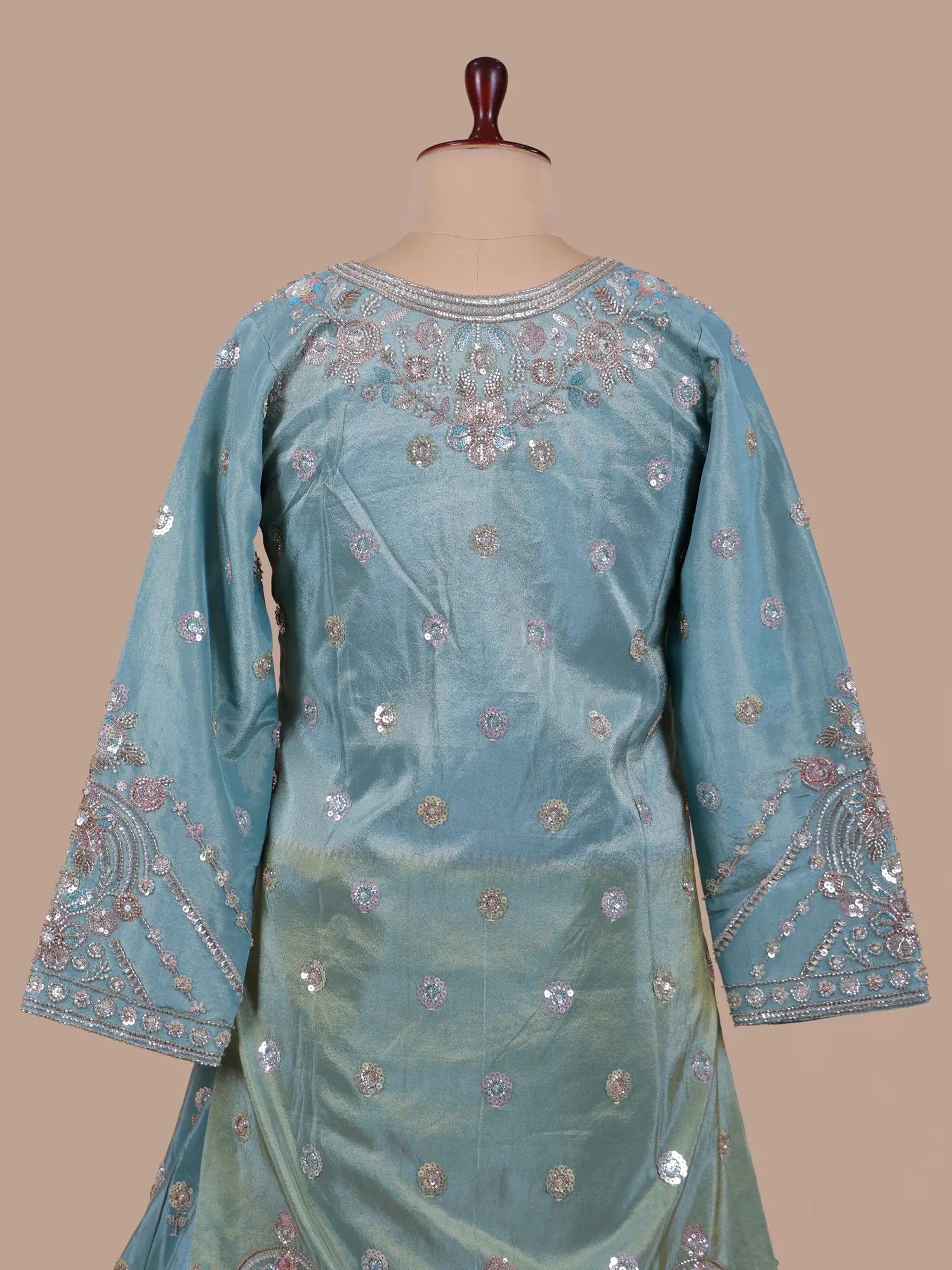 Premium Traditional Sky Blue Shimmer Peplum Lehenga With Pearl Work